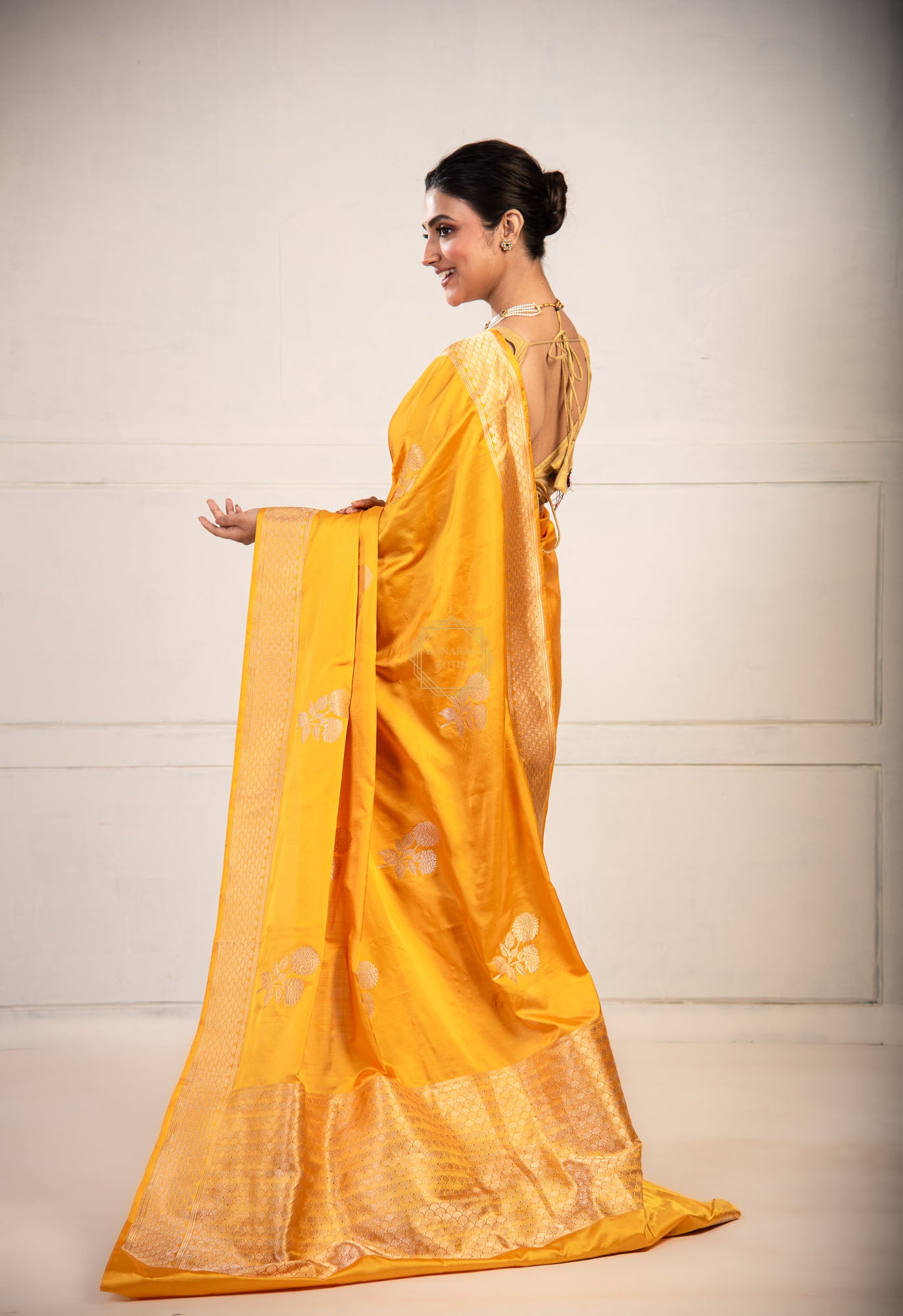 Mashru Satin Weave Saree with Kadhua Butta in gold and silver zari