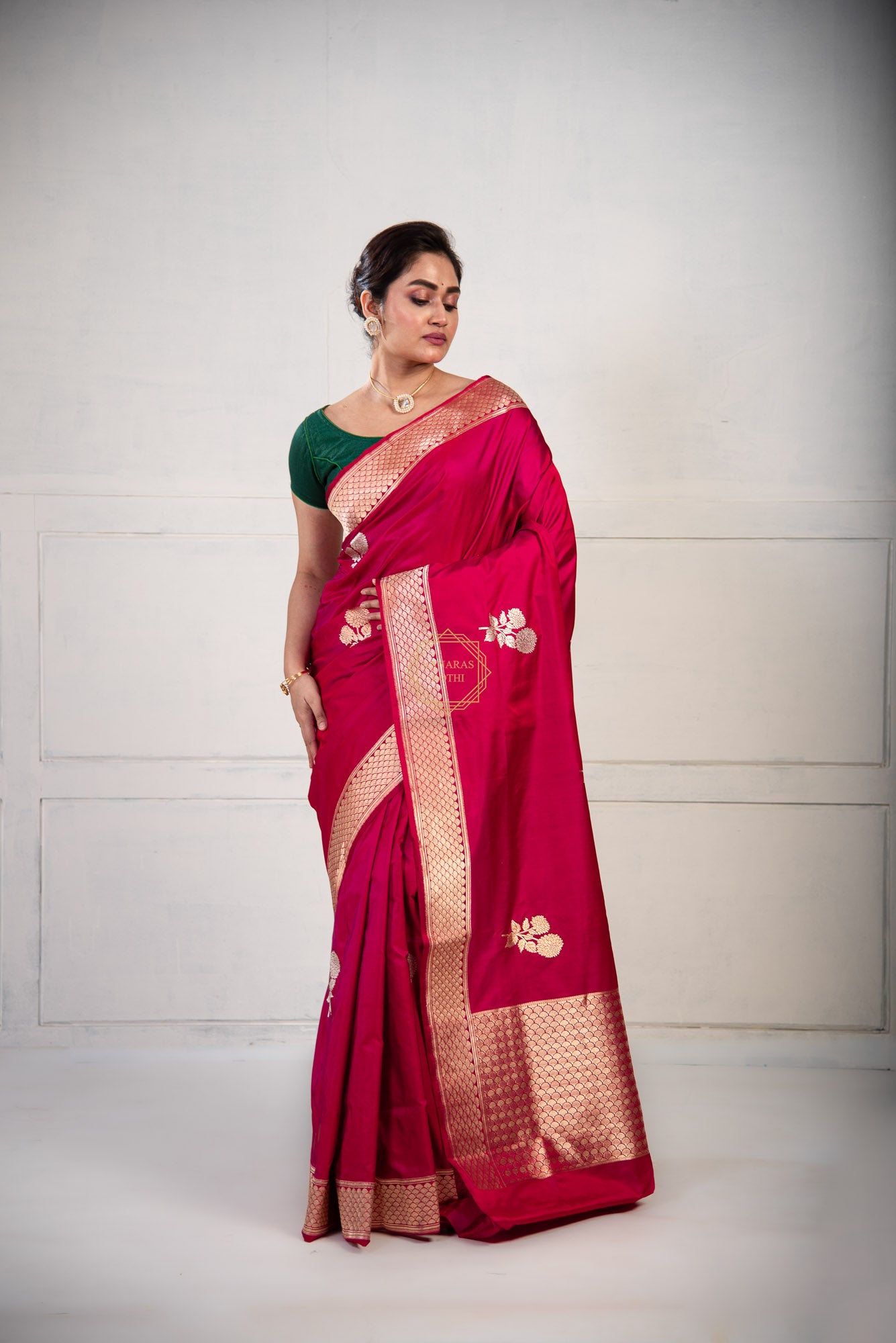 Mashru Satin Weave Saree with Kadhua Butta in Gold and Silver Zari