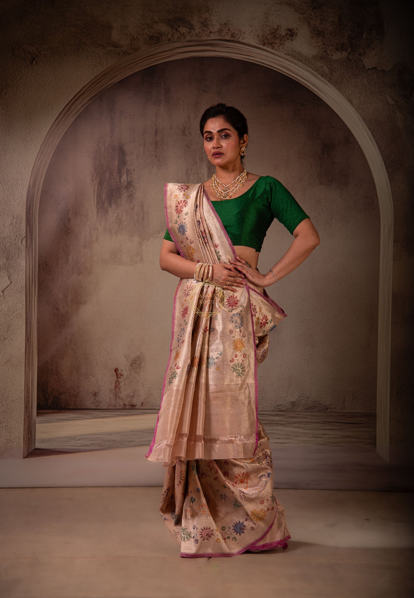 Kadhua Jangla Saree Weaved with Resham on Katan and Tissue