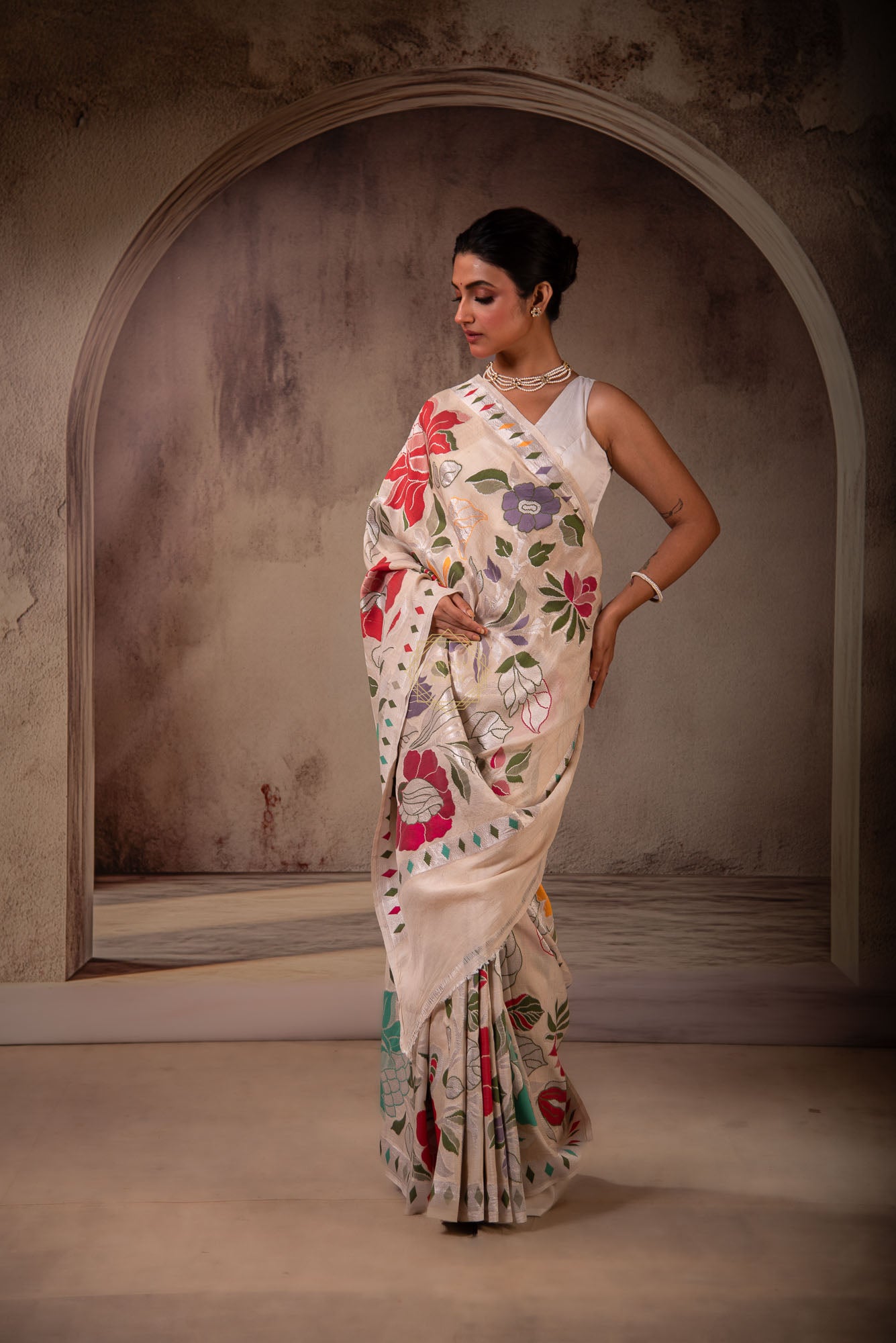 Tussar on Katan Silk Weaved with Multi Color Jaal