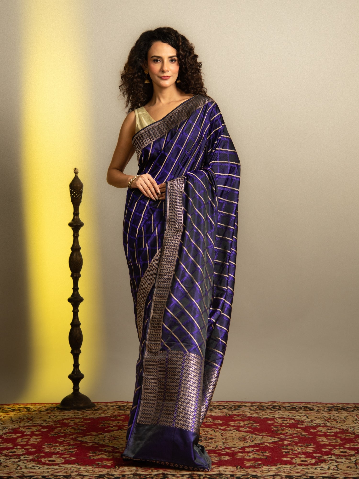 Navy Blue Handloom Banarasi Mashru Silk Saree with Resham & Zari Stripes
