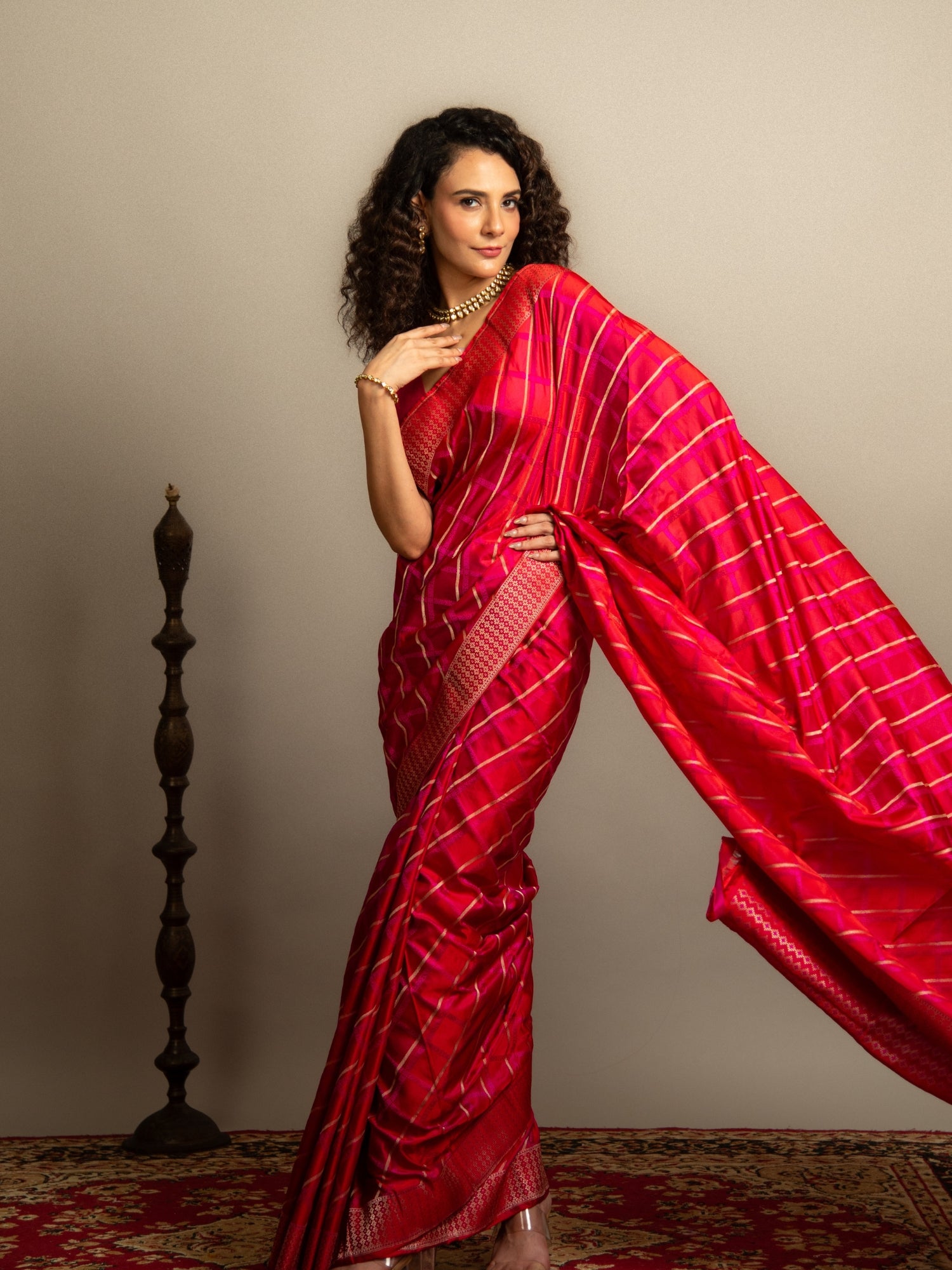 Dark Pink Handloom Banarasi Mashru Silk Saree with Resham & Zari Stripes