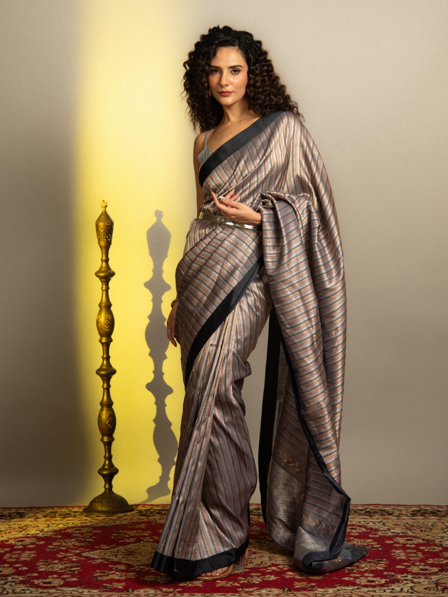 Grey and Black Handloom Banarasi Katan Silk Saree with Sona Rupa Stripes