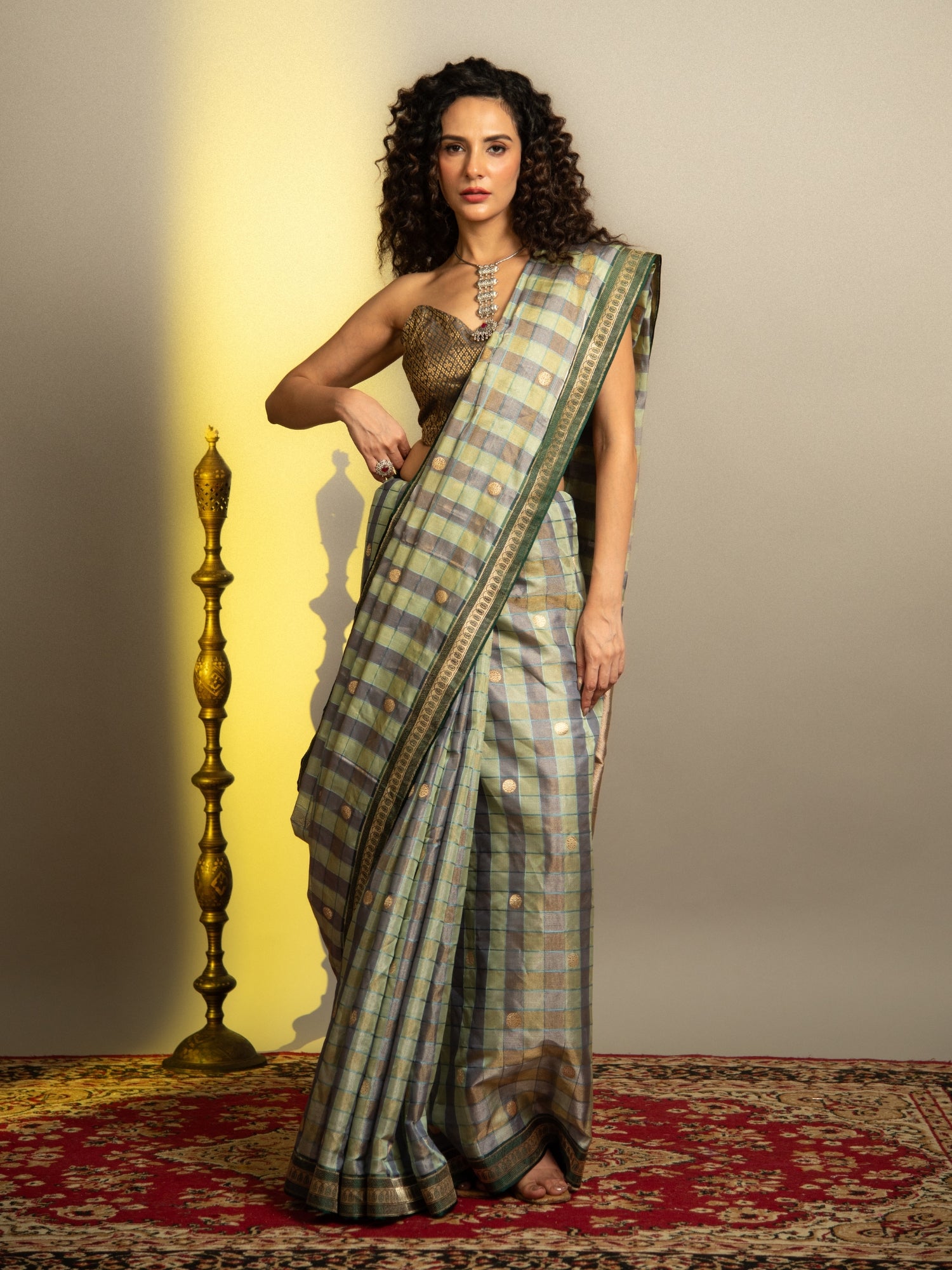 Bottle Green Handloom Banarasi Katan Silk Saree with Checks and Butti
