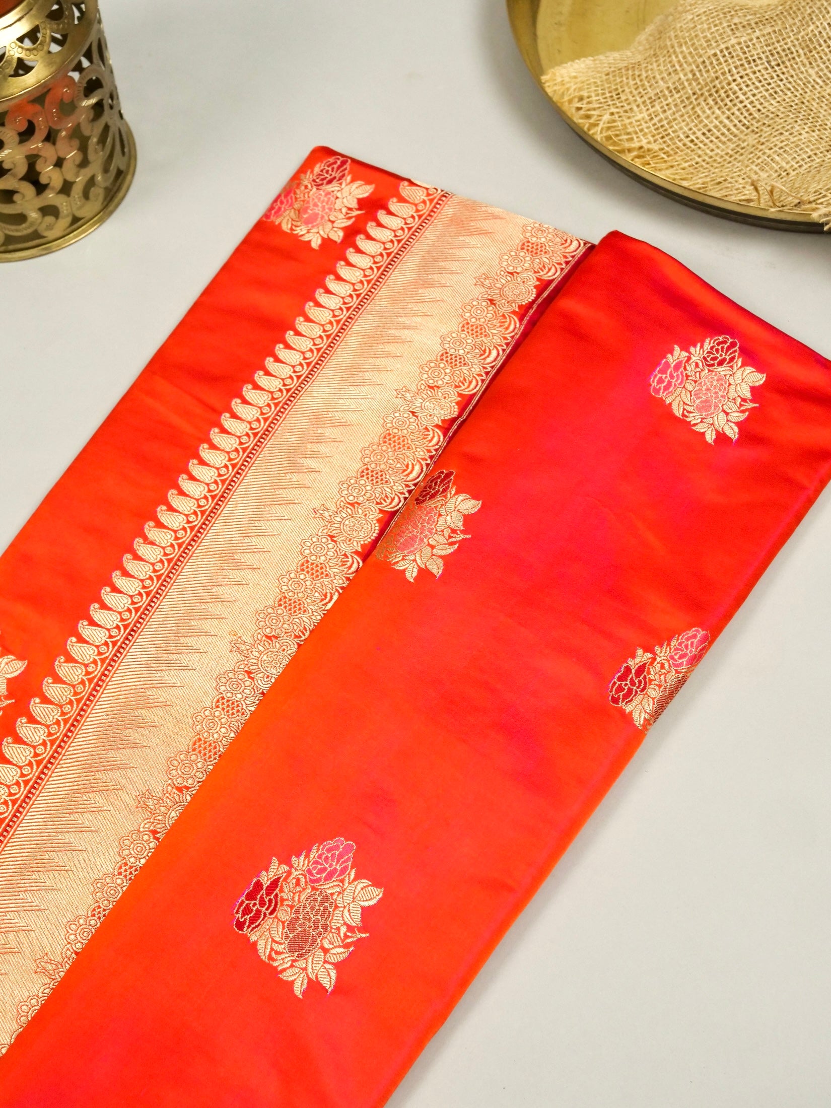 Orange Mashru Silk Kadhuwa Buta Zari Border Aanchal Saree