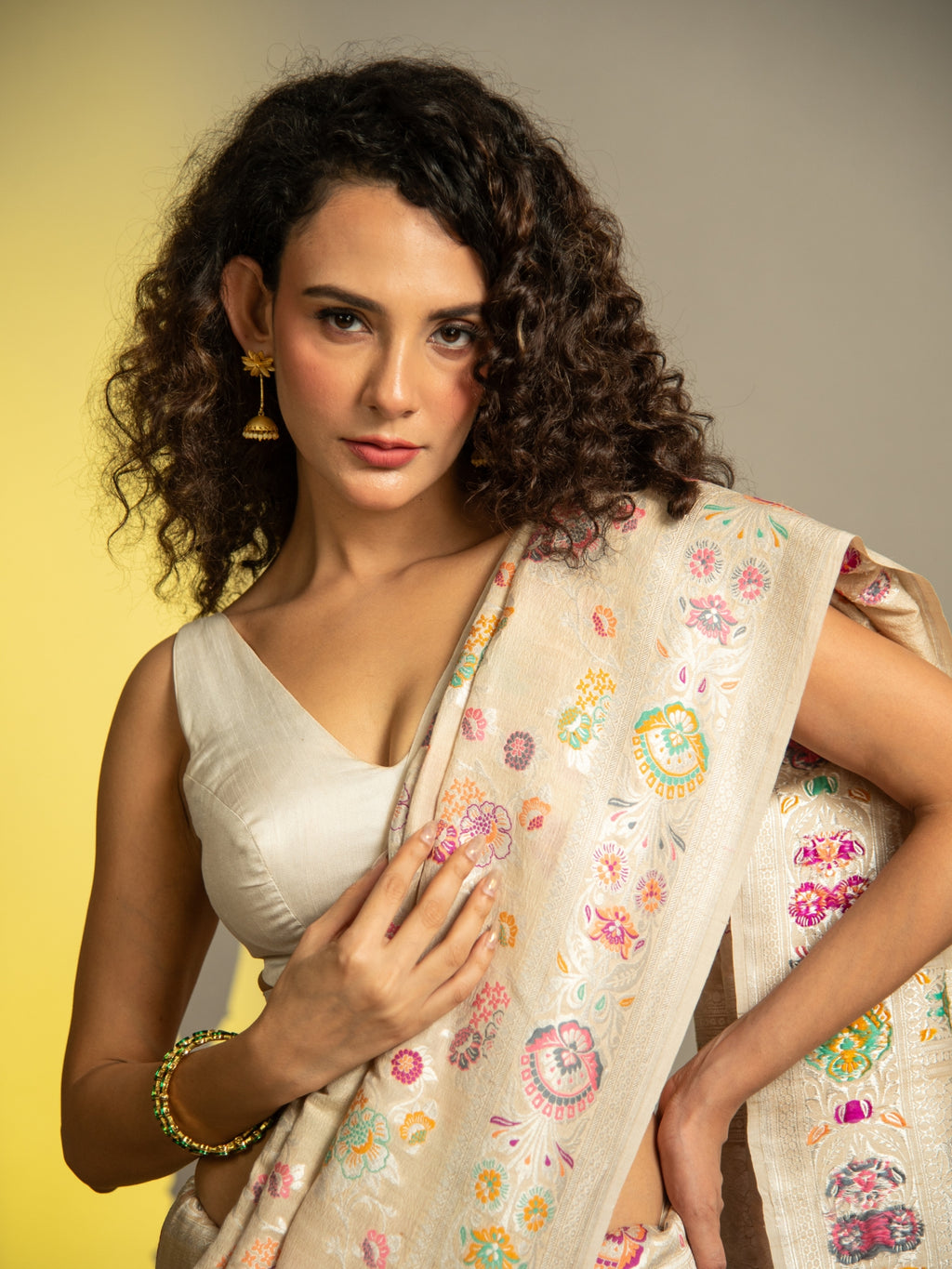 Natural Off White Handloom Banarasi Tussar Silk Saree with Multicolor Jaal