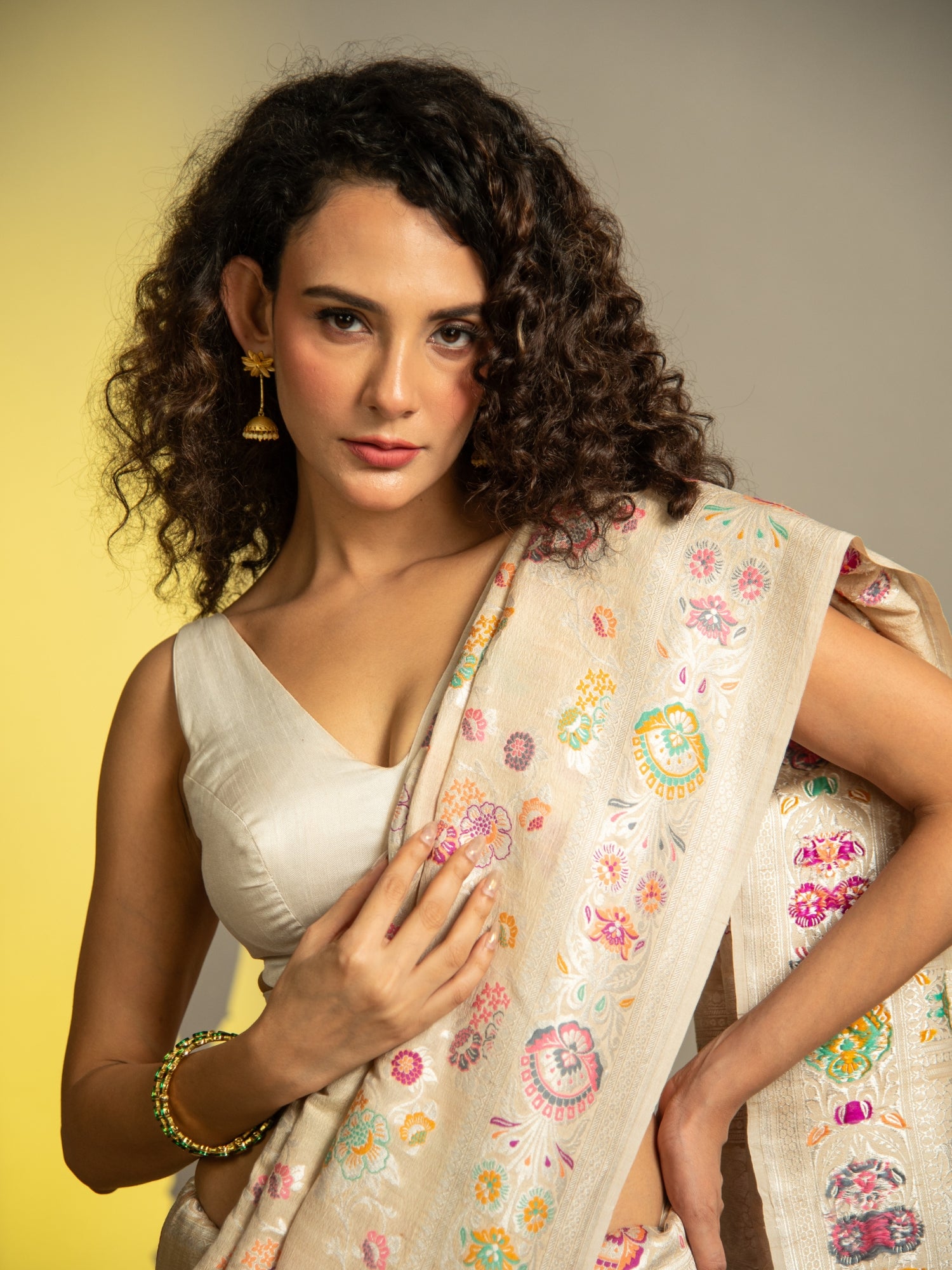Natural Off White Handloom Banarasi Tussar Silk Saree with Multicolor Jaal