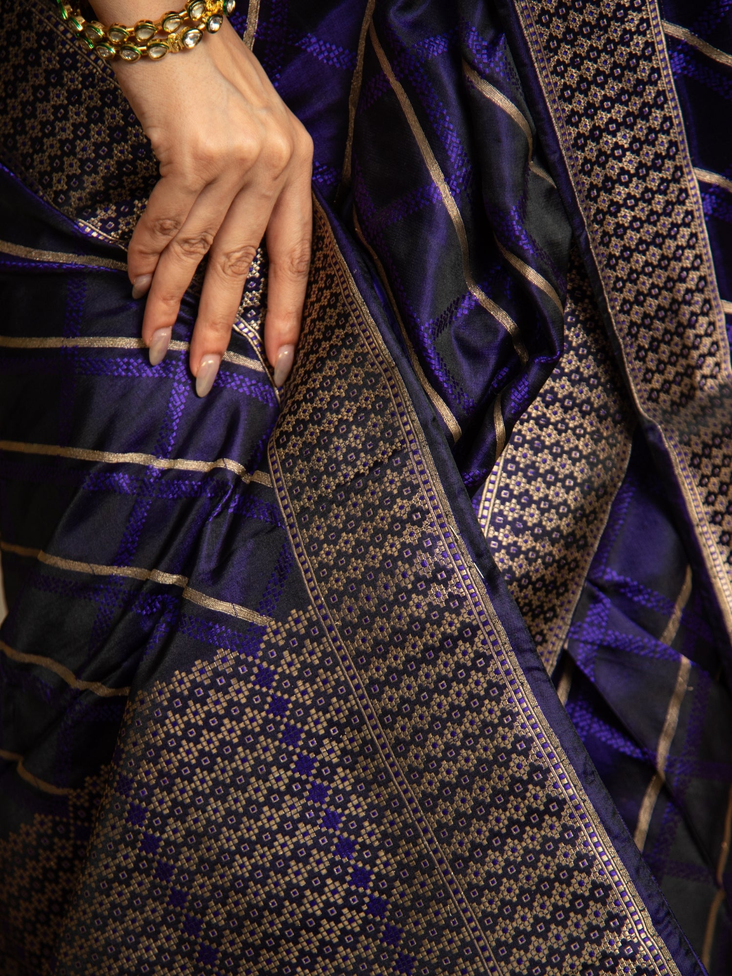 Navy Blue Handloom Banarasi Mashru Silk Saree with Resham & Zari Stripes