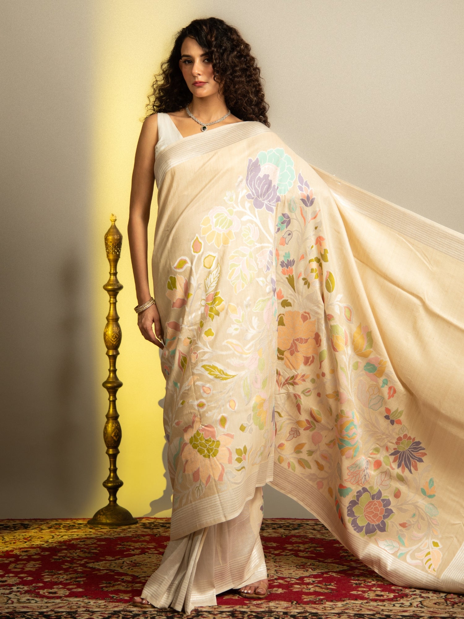 Off White Handloom Banarasi Tussar Silk Saree with Floral Zari Brocade
