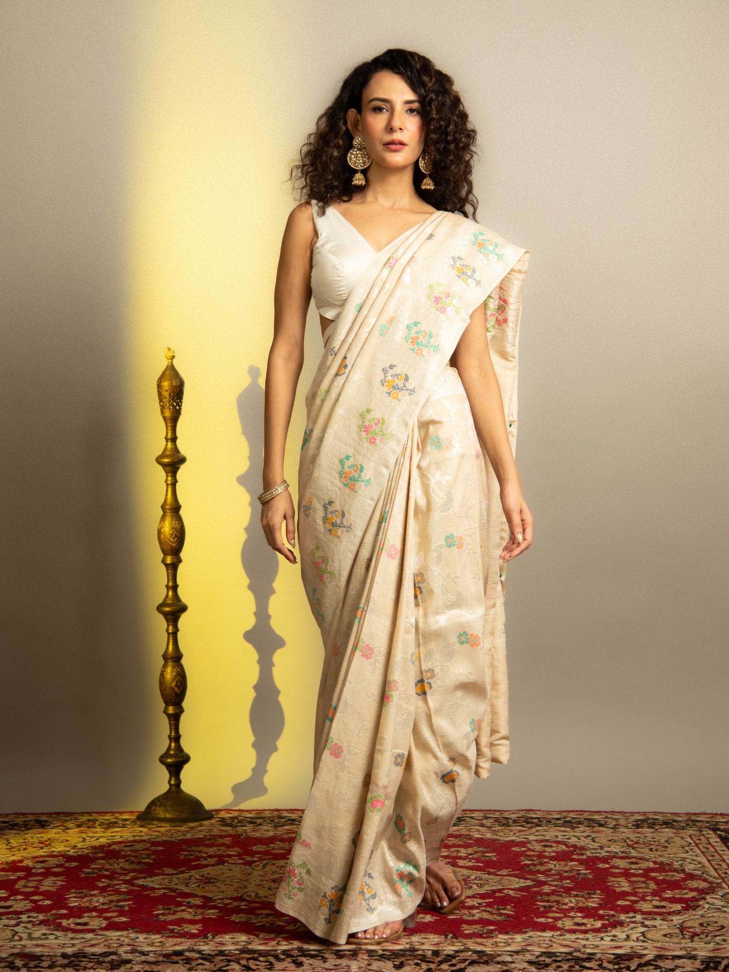 Off White Handloom Banarasi Tussar Silk Saree with Floral Multicolor Jaal