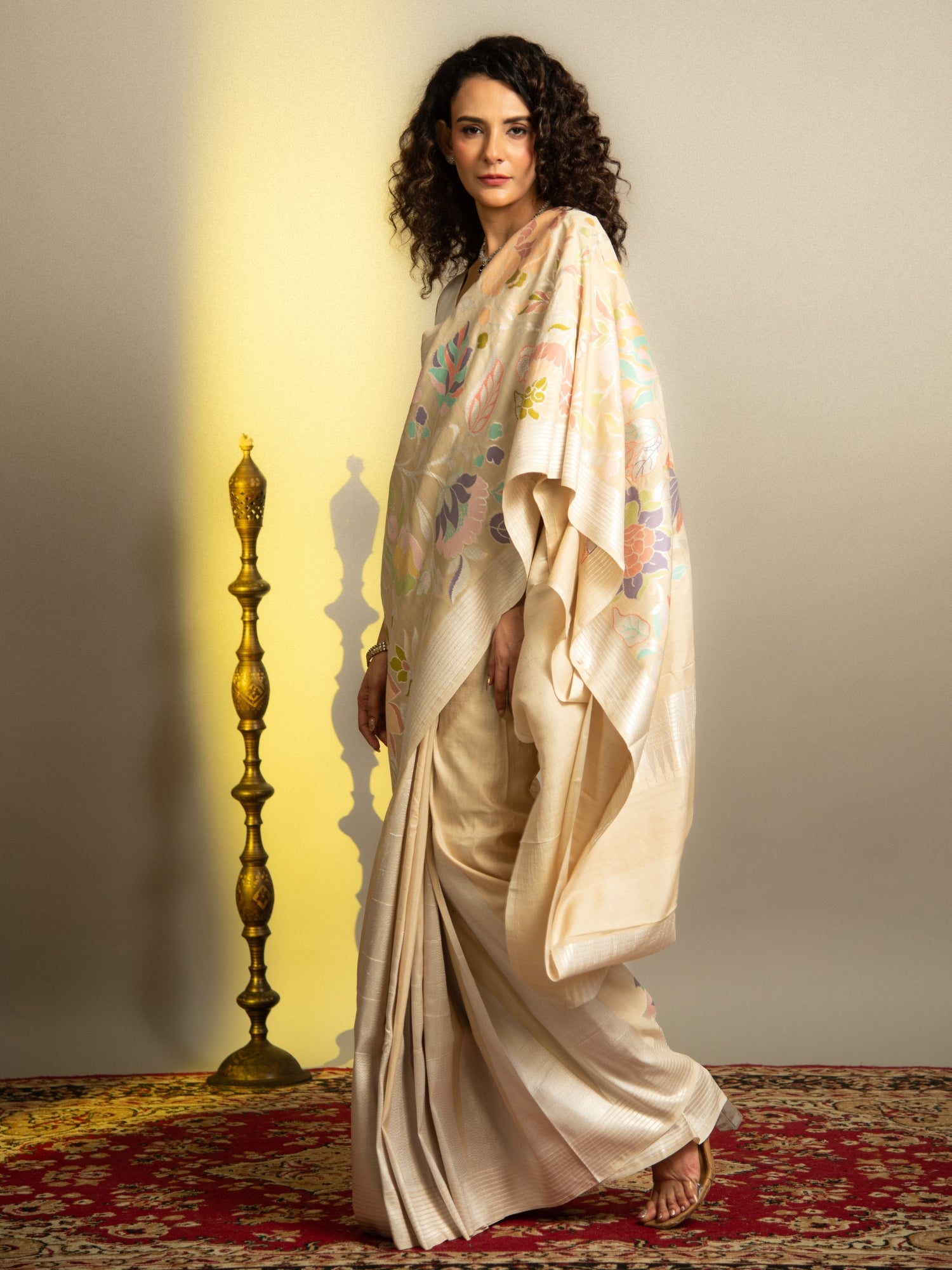 Off White Handloom Banarasi Tussar Silk Saree with Floral Zari Brocade
