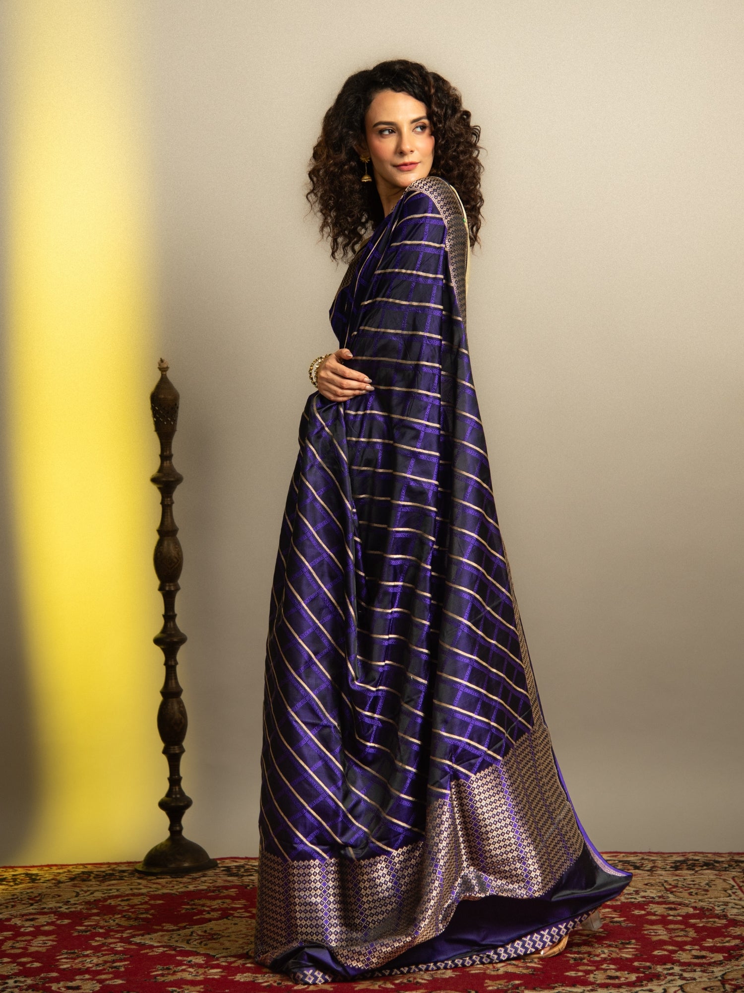 Navy Blue Handloom Banarasi Mashru Silk Saree with Resham & Zari Stripes