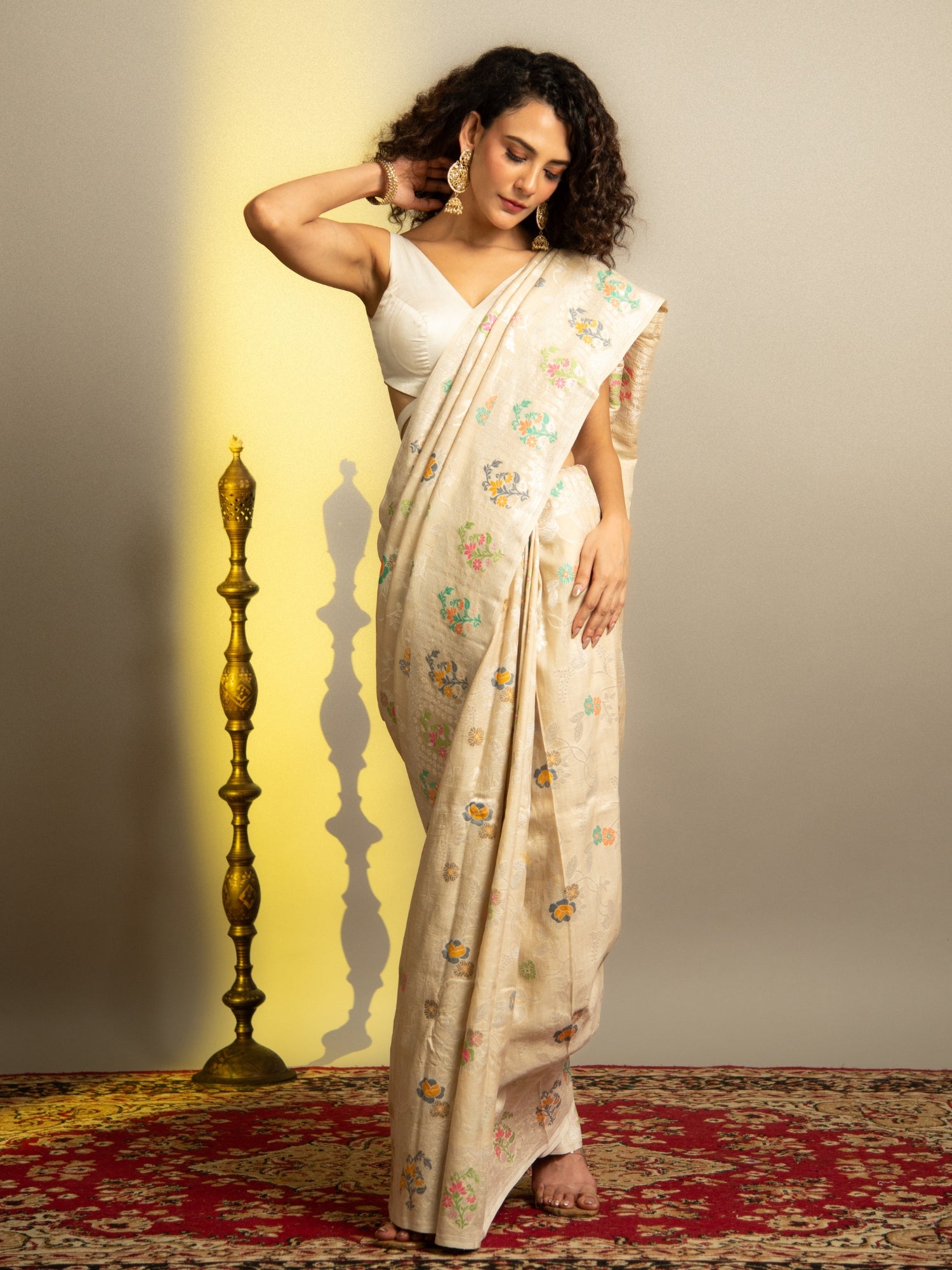 Off White Handloom Banarasi Tussar Silk Saree with Floral Multicolor Jaal