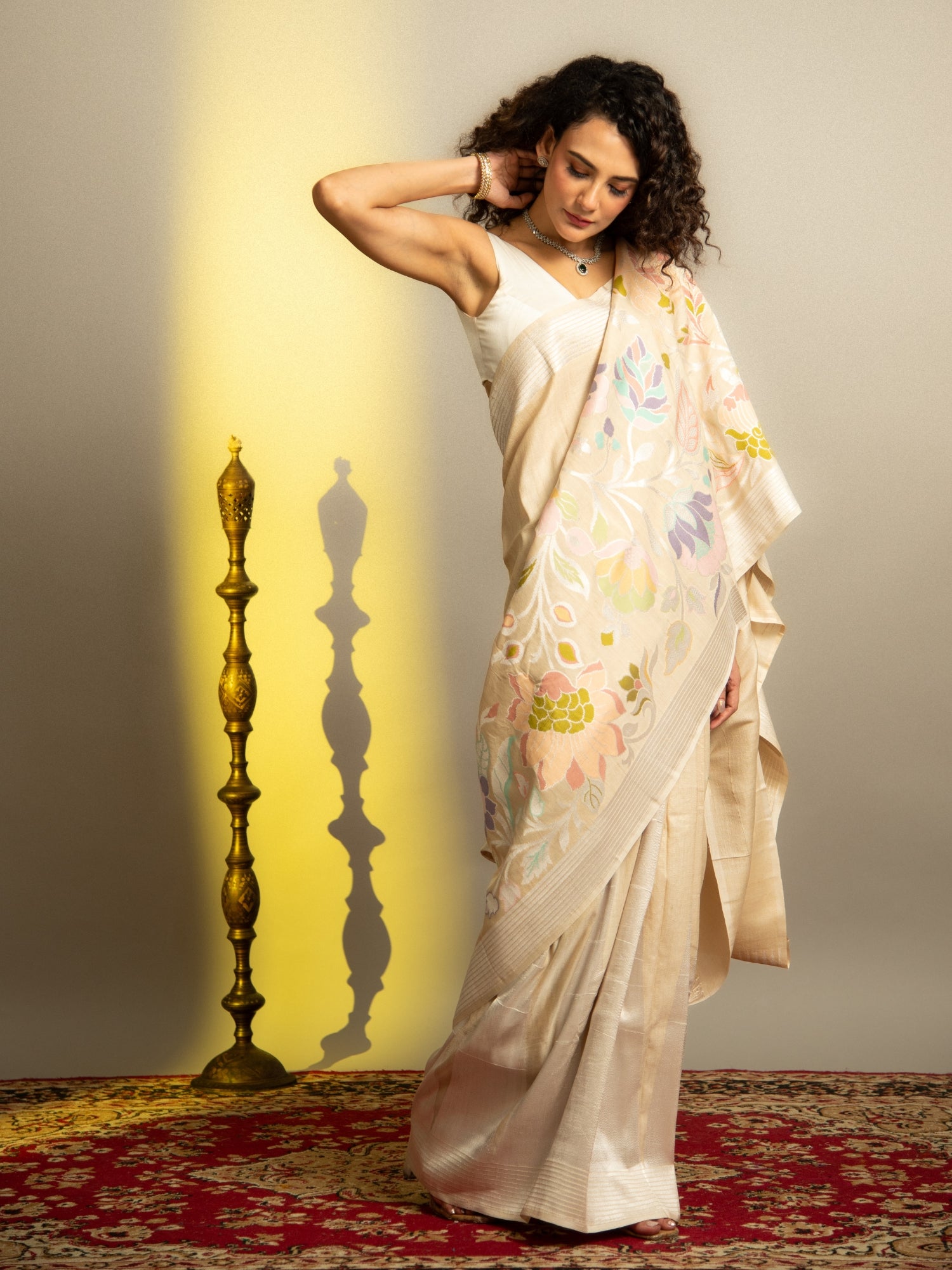 Off White Handloom Banarasi Tussar Silk Saree with Floral Zari Brocade