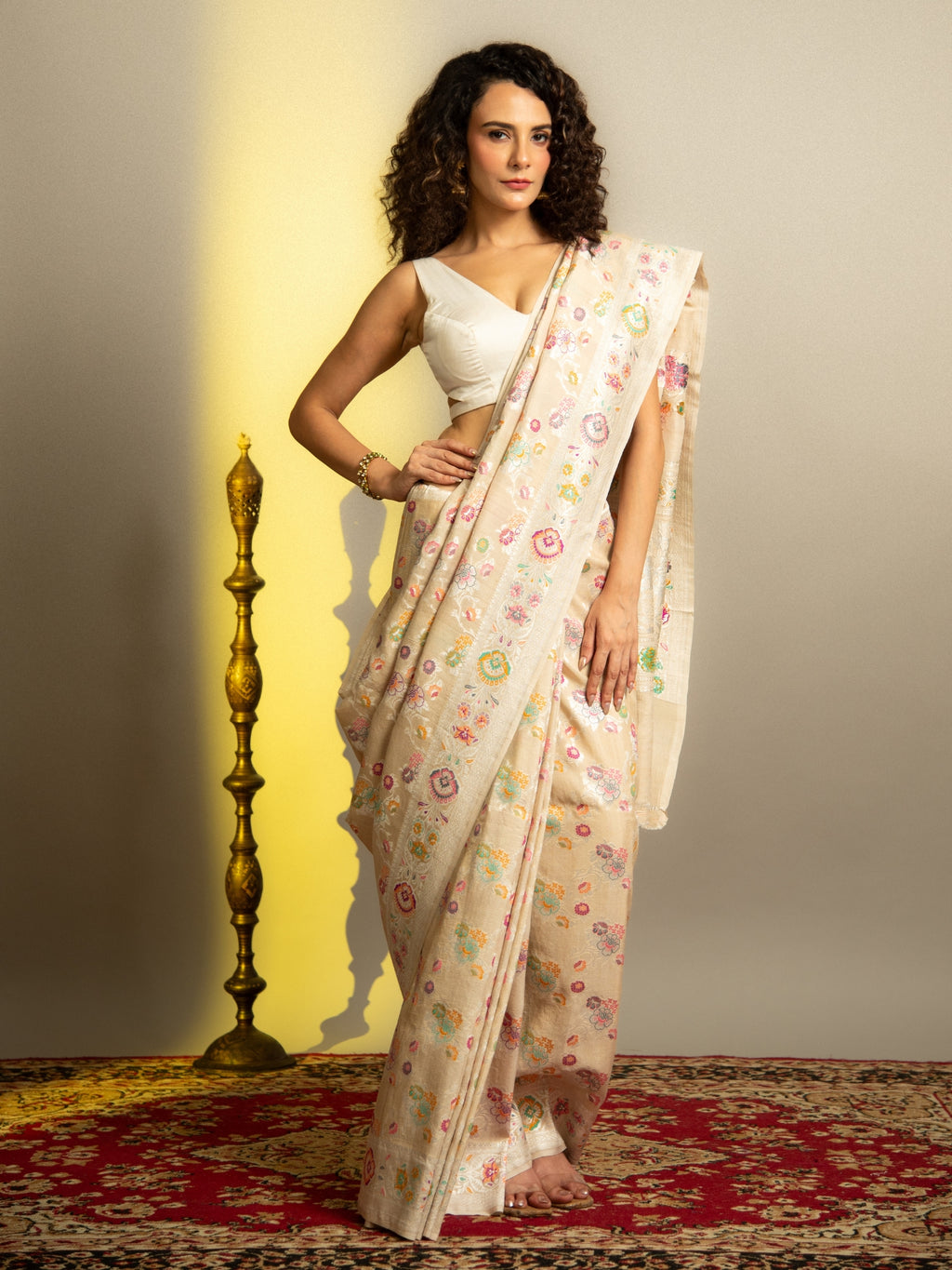 Natural Off White Handloom Banarasi Tussar Silk Saree with Multicolor Jaal