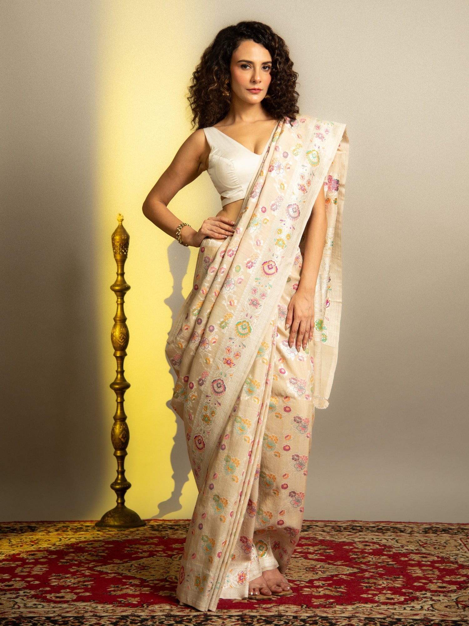 Natural Off White Handloom Banarasi Tussar Silk Saree with Multicolor Jaal