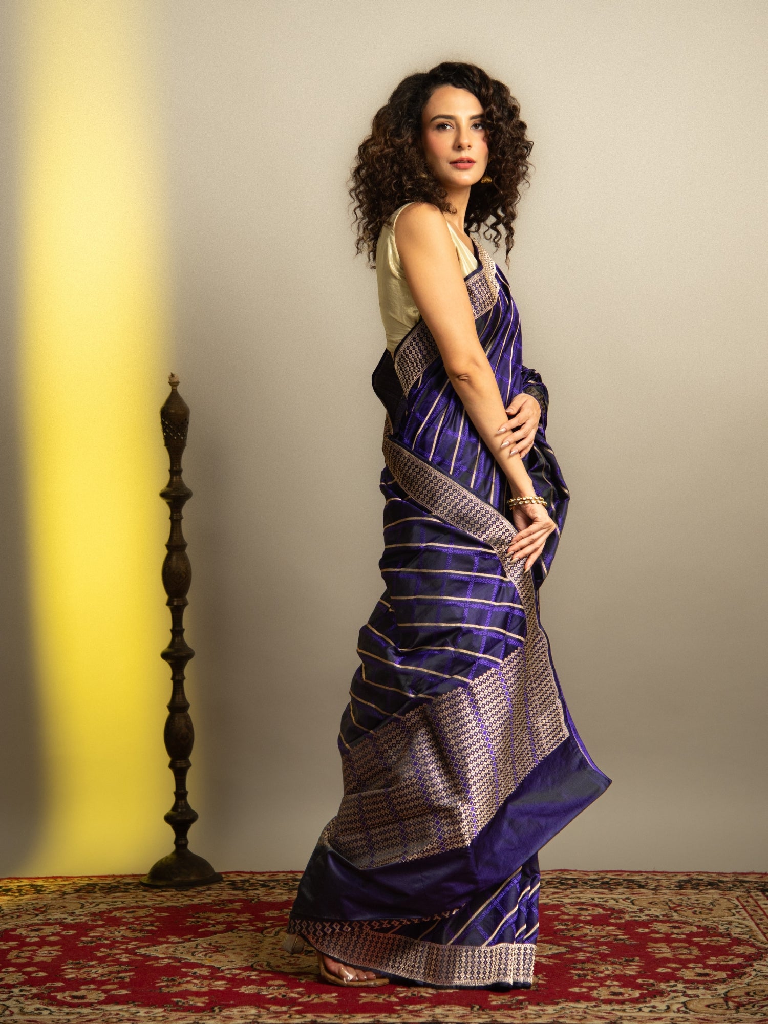 Navy Blue Handloom Banarasi Mashru Silk Saree with Resham & Zari Stripes