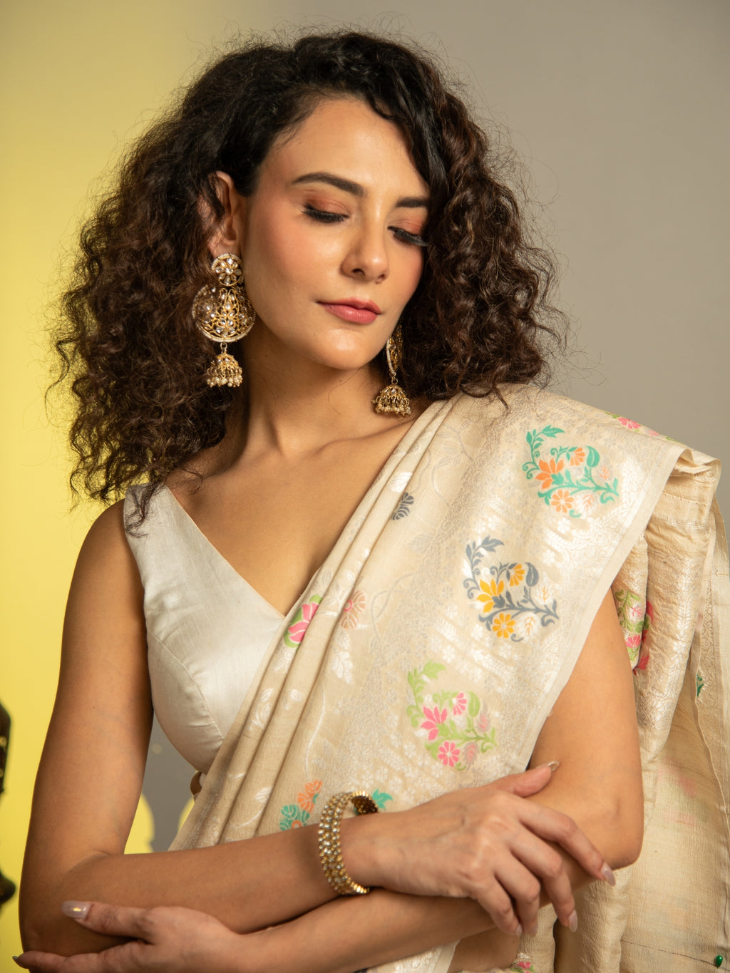 Off White Handloom Banarasi Tussar Silk Saree with Floral Multicolor Jaal