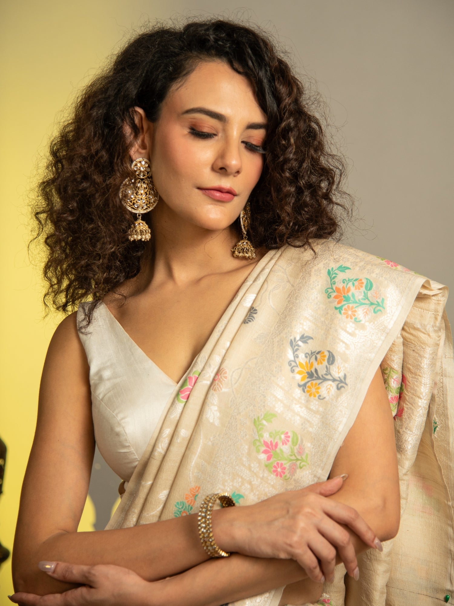 Off White Handloom Banarasi Tussar Silk Saree with Floral Multicolor Jaal