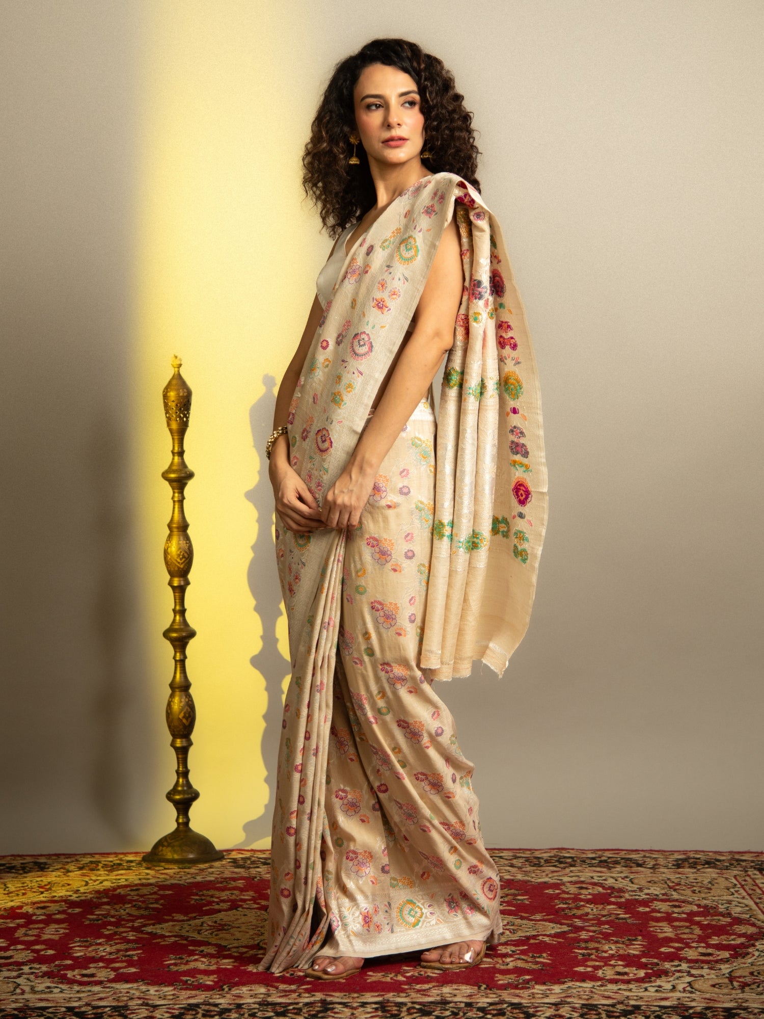 Natural Off White Handloom Banarasi Tussar Silk Saree with Multicolor Jaal