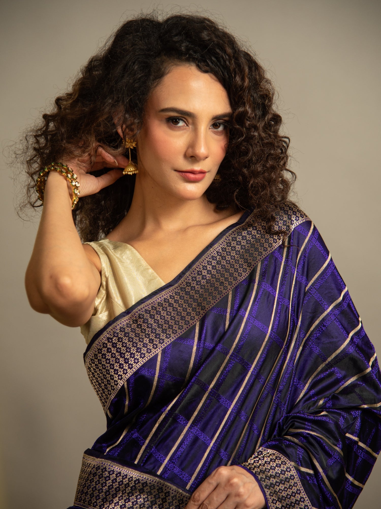 Navy Blue Handloom Banarasi Mashru Silk Saree with Resham & Zari Stripes