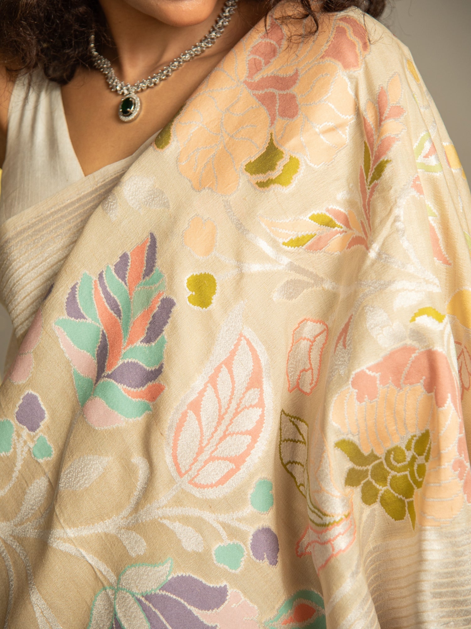 Off White Handloom Banarasi Tussar Silk Saree with Floral Zari Brocade