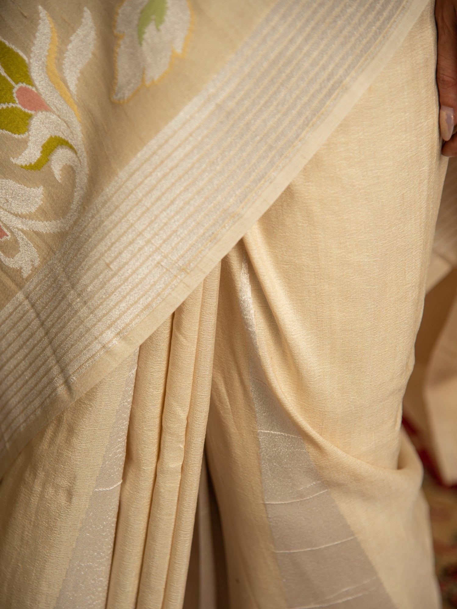 Off White Handloom Banarasi Tussar Silk Saree with Floral Zari Brocade