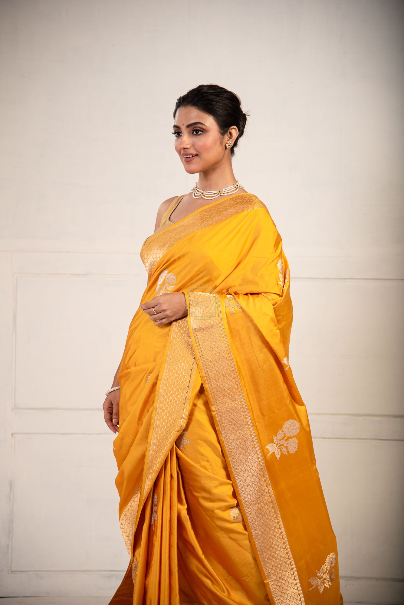 Mashru Satin Weave Saree with Kadhua Butta in gold and silver zari