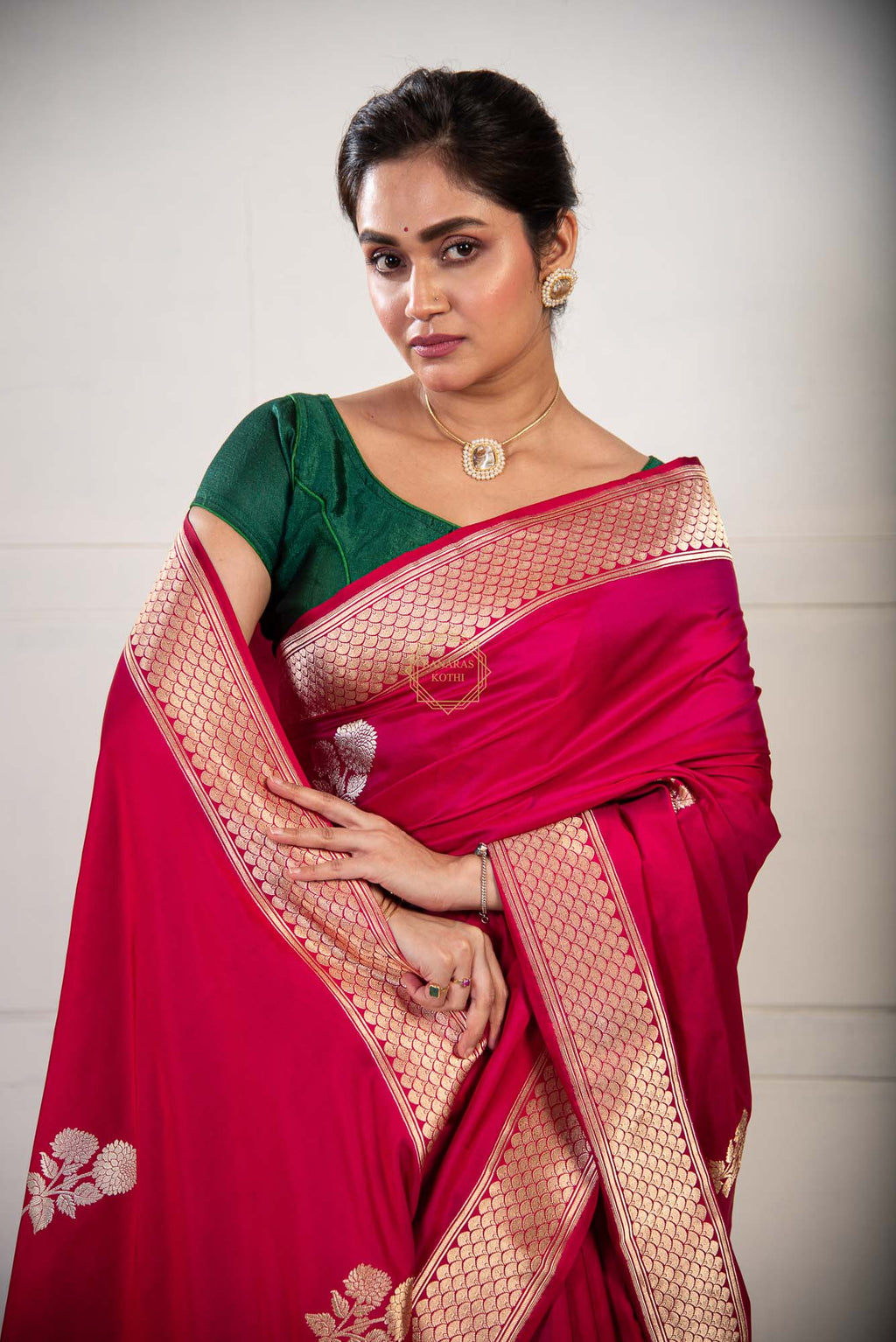 Mashru Satin Weave Saree with Kadhua Butta in Gold and Silver Zari