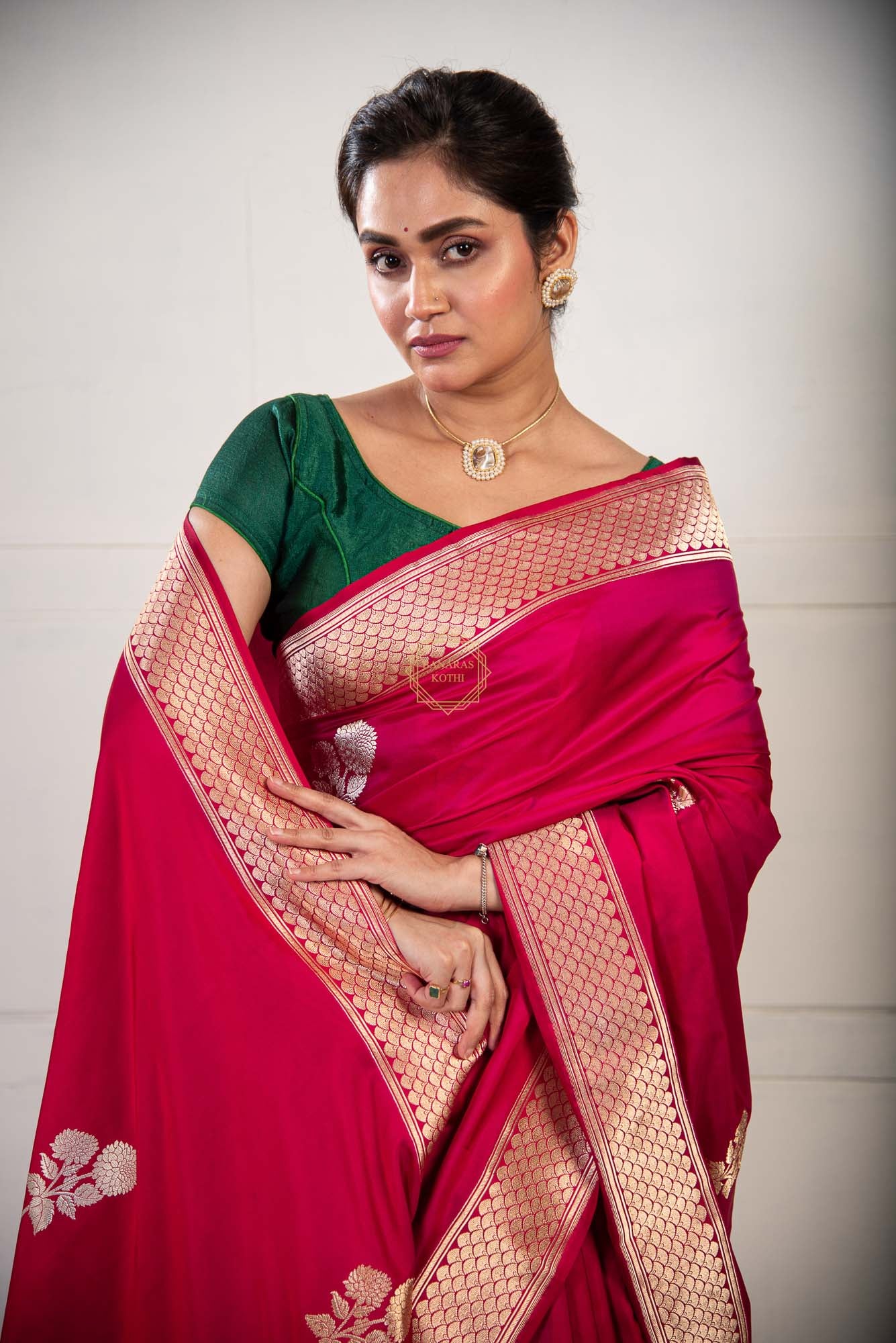 Mashru Satin Weave Saree with Kadhua Butta in Gold and Silver Zari