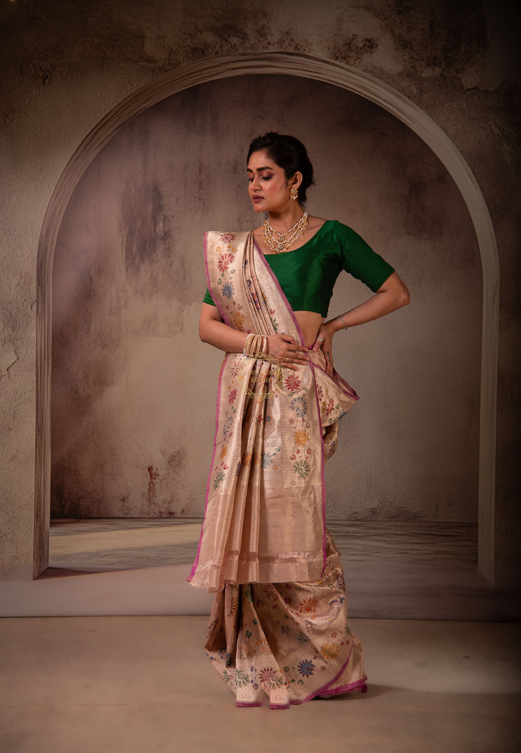 Kadhua Jangla Saree Weaved with Resham on Katan and Tissue