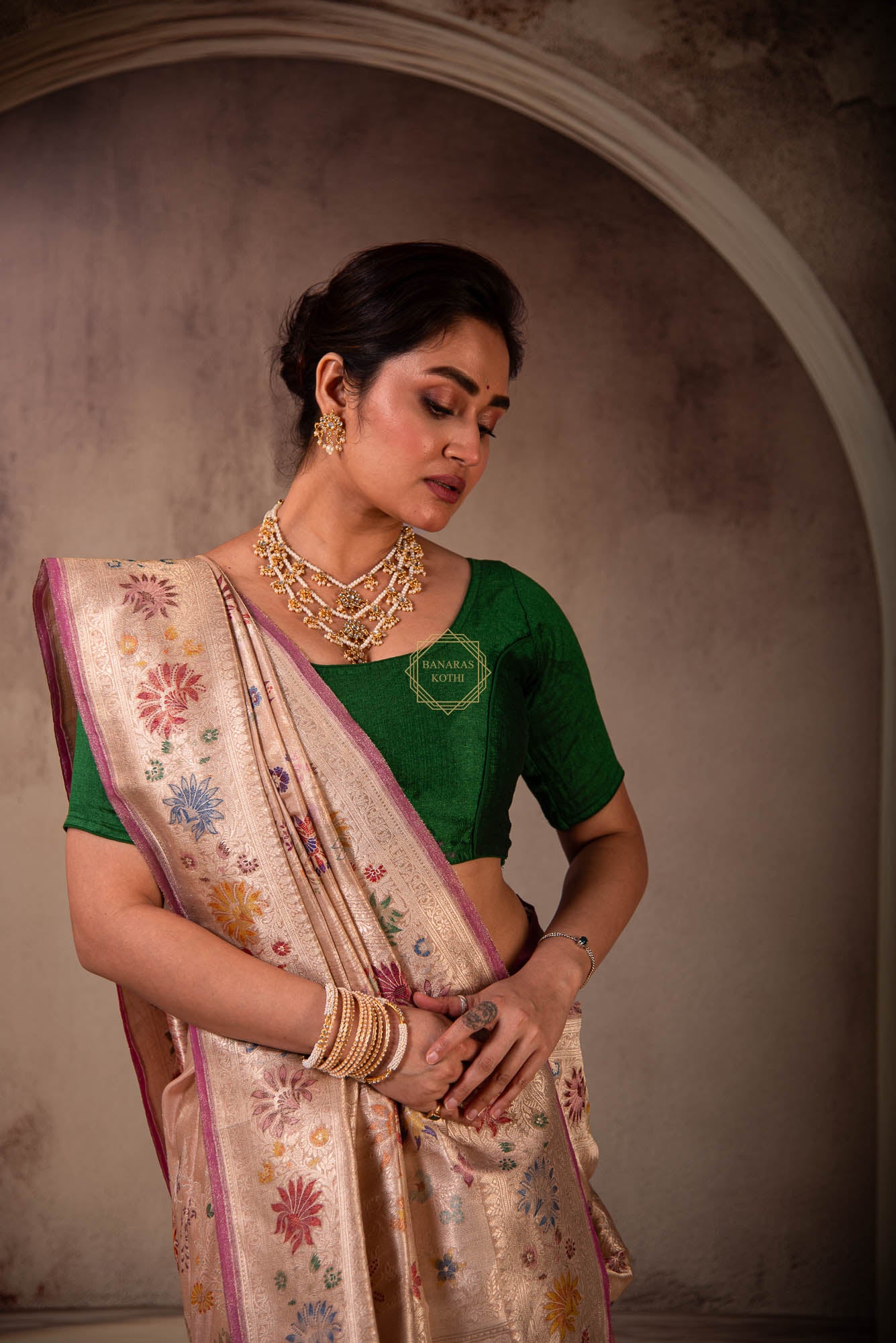 Kadhua Jangla Saree Weaved with Resham on Katan and Tissue