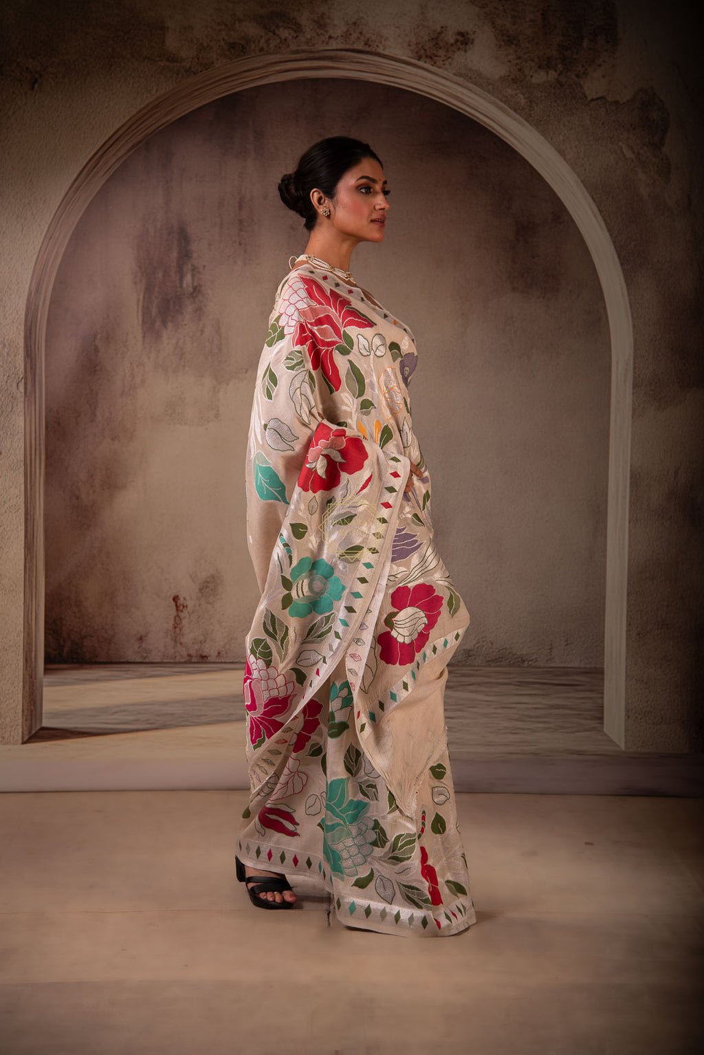 Tussar on Katan Silk Weaved with Multi Color Jaal