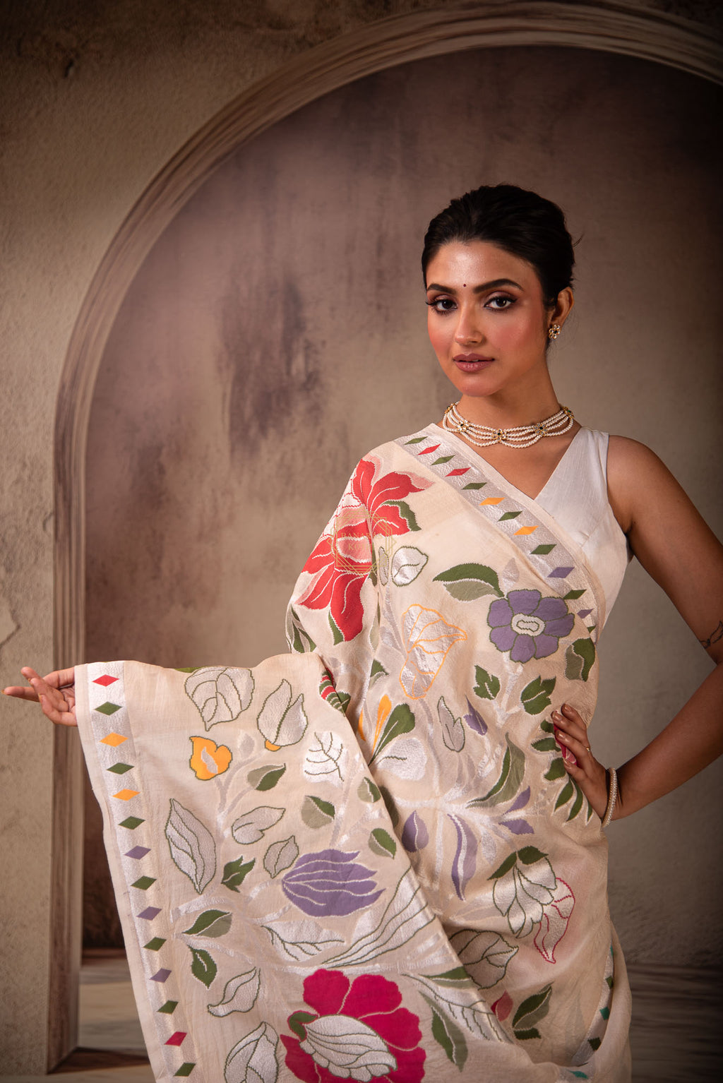 Tussar on Katan Silk Weaved with Multi Color Jaal