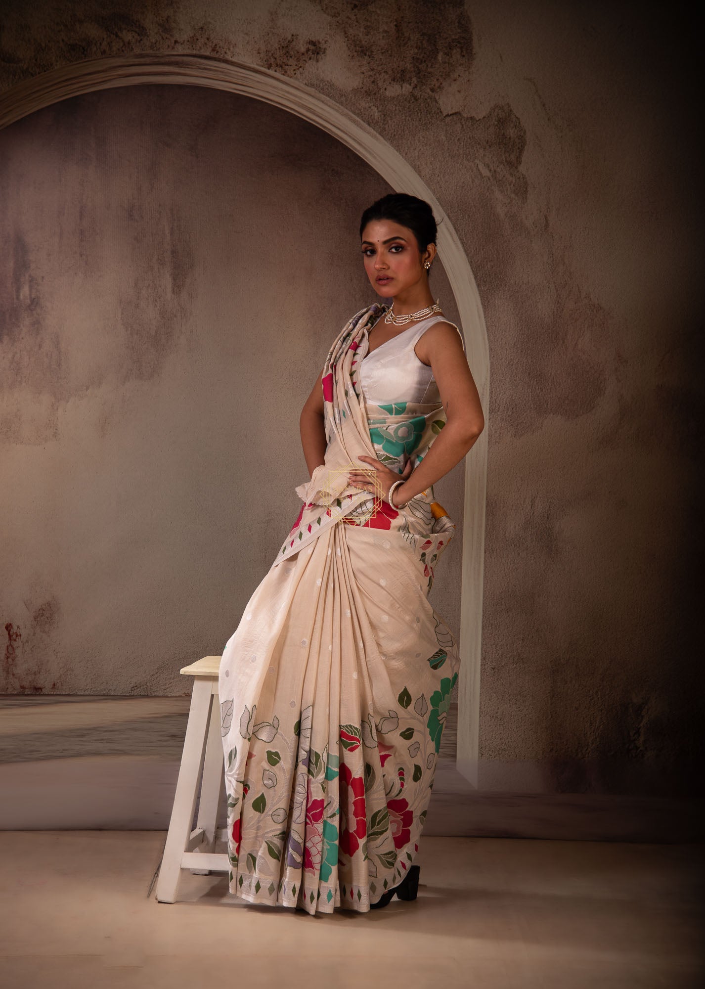 Tussar on Katan Silk Weaved with Multi Color Jaal