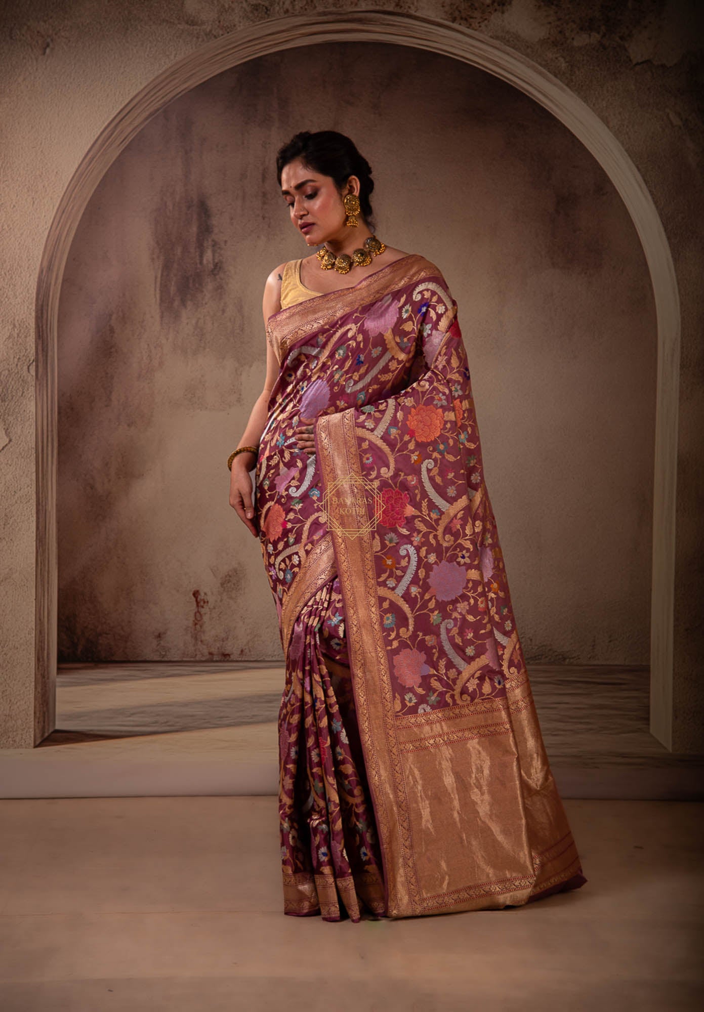 Multi Colored Jangla Weaved with Tested Zari in Kimkhab Pattern Saree