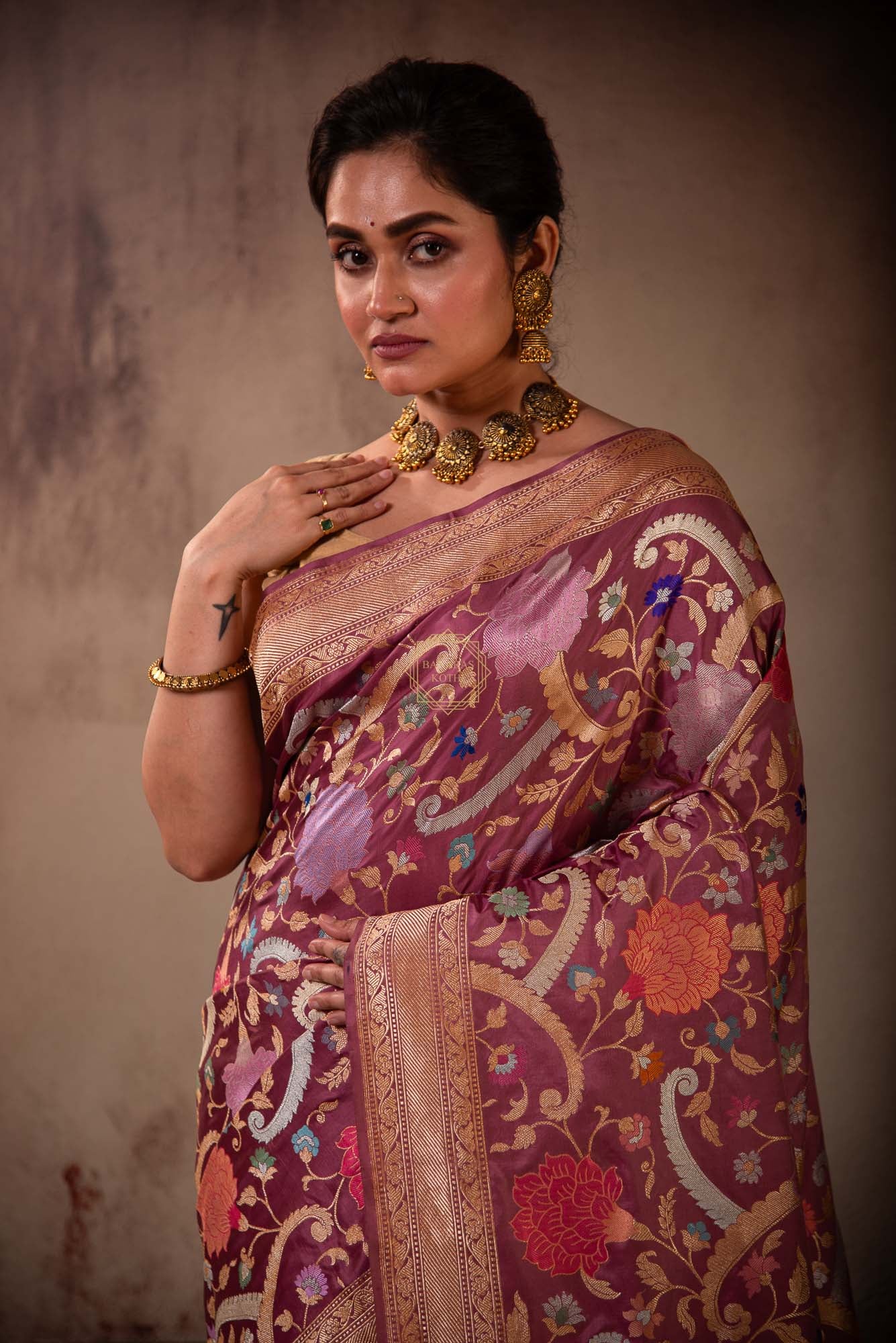Multi Colored Jangla Weaved with Tested Zari in Kimkhab Pattern Saree