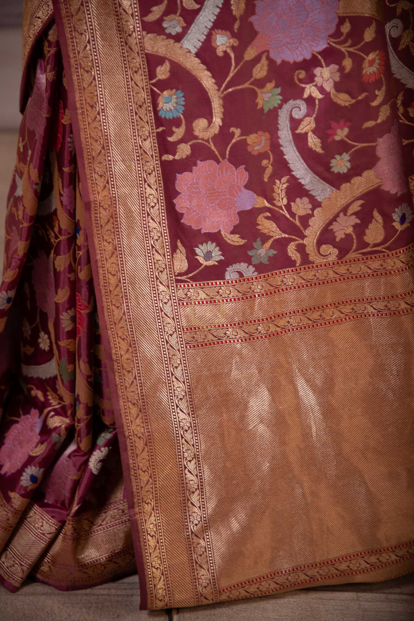 Multi Colored Jangla Weaved with Tested Zari in Kimkhab Pattern Saree