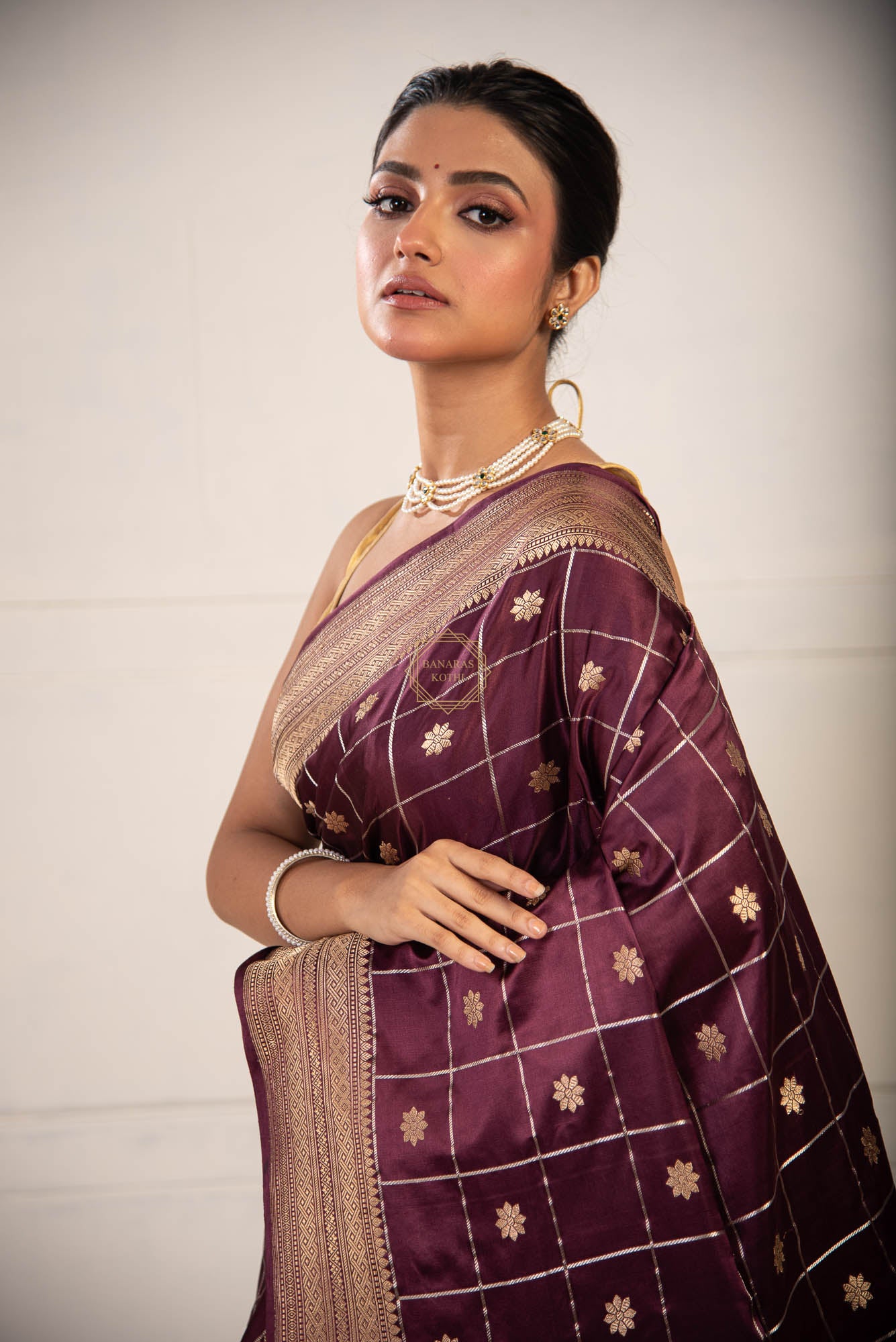 Traditional Checks Weaved with Kadhua Butti on Satin Saree