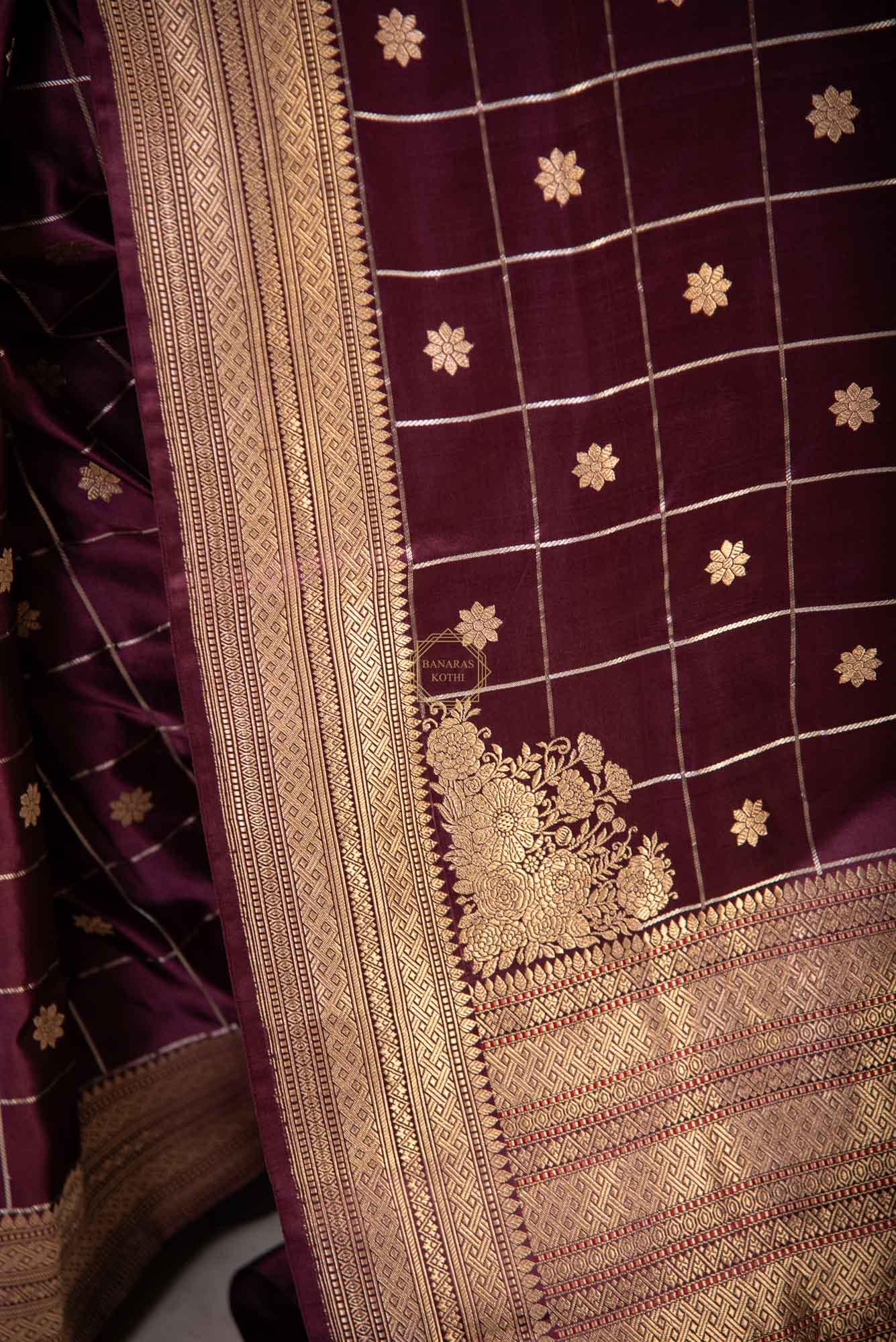 Traditional Checks Weaved with Kadhua Butti on Satin Saree