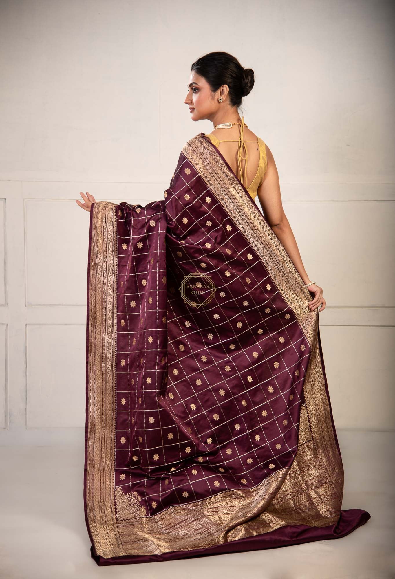 Traditional Checks Weaved with Kadhua Butti on Satin Saree