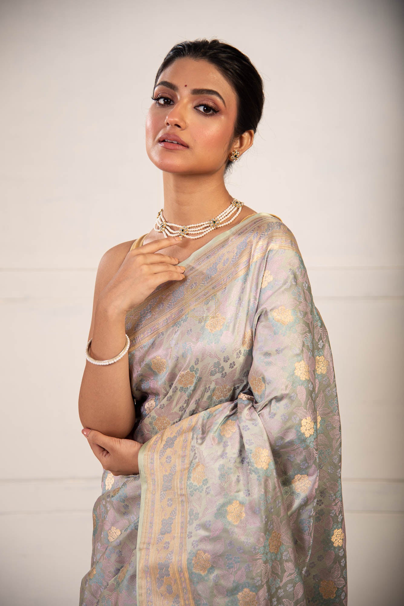 Resham and Zari Jaal Weaved on Satin with Jamawar Technique