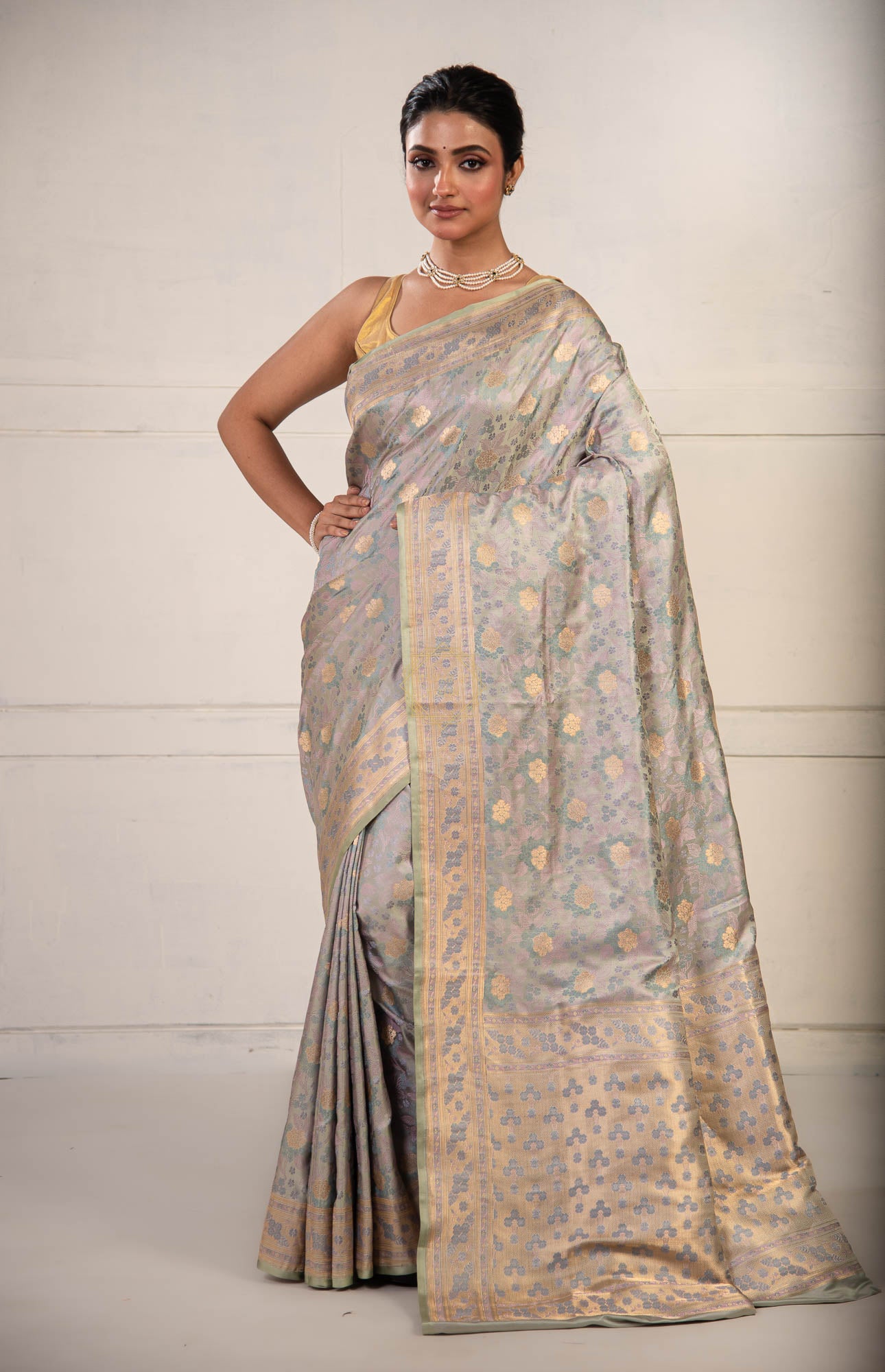 Resham and Zari Jaal Weaved on Satin with Jamawar Technique