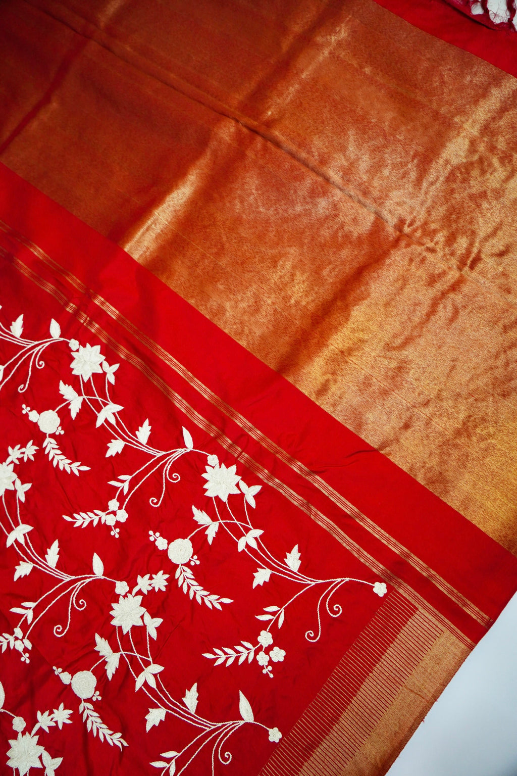 Red Handloom Banarasi Katan Silk Saree with Parsi Embroidery
