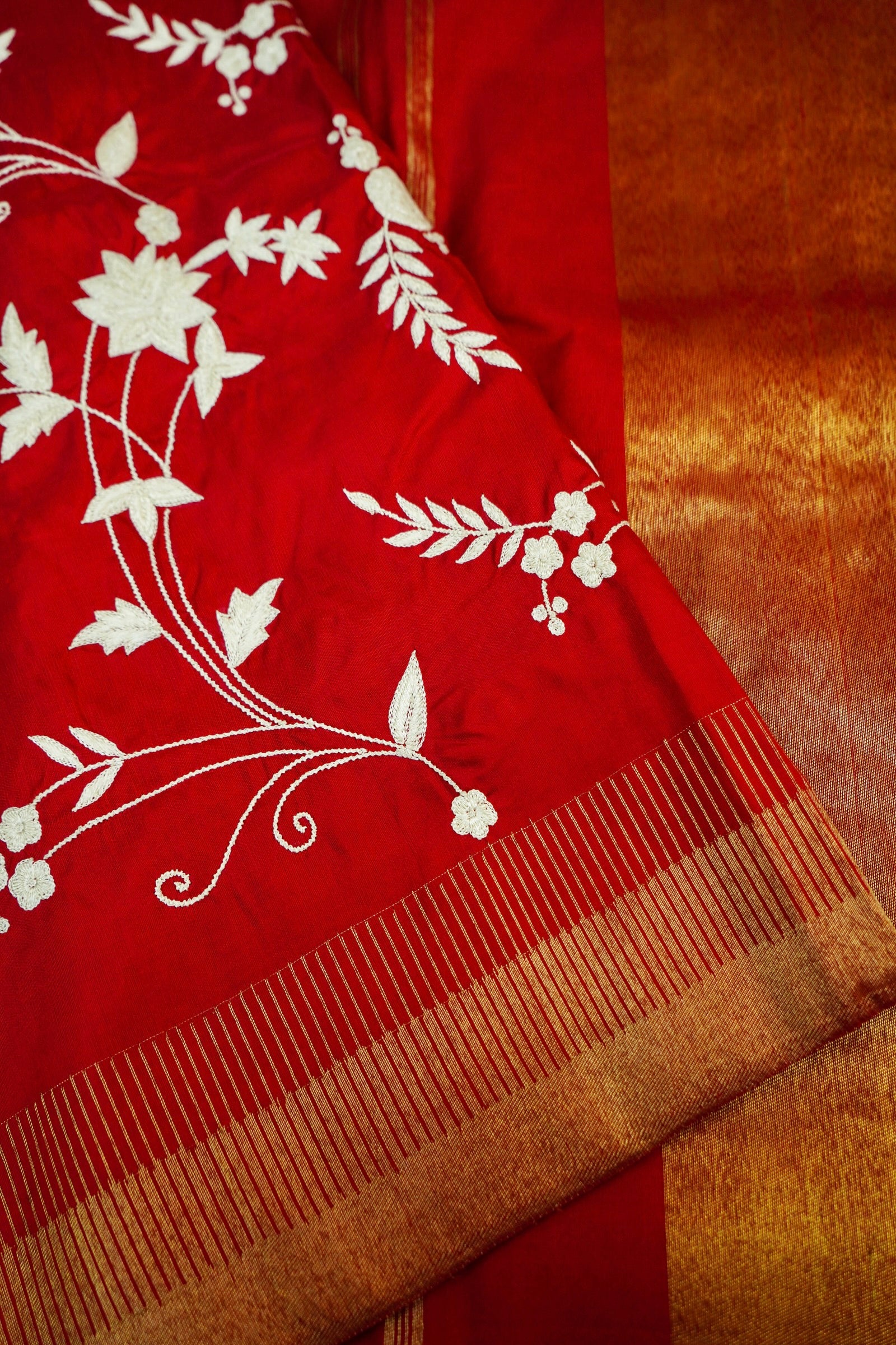 Red Handloom Banarasi Katan Silk Saree with Parsi Embroidery
