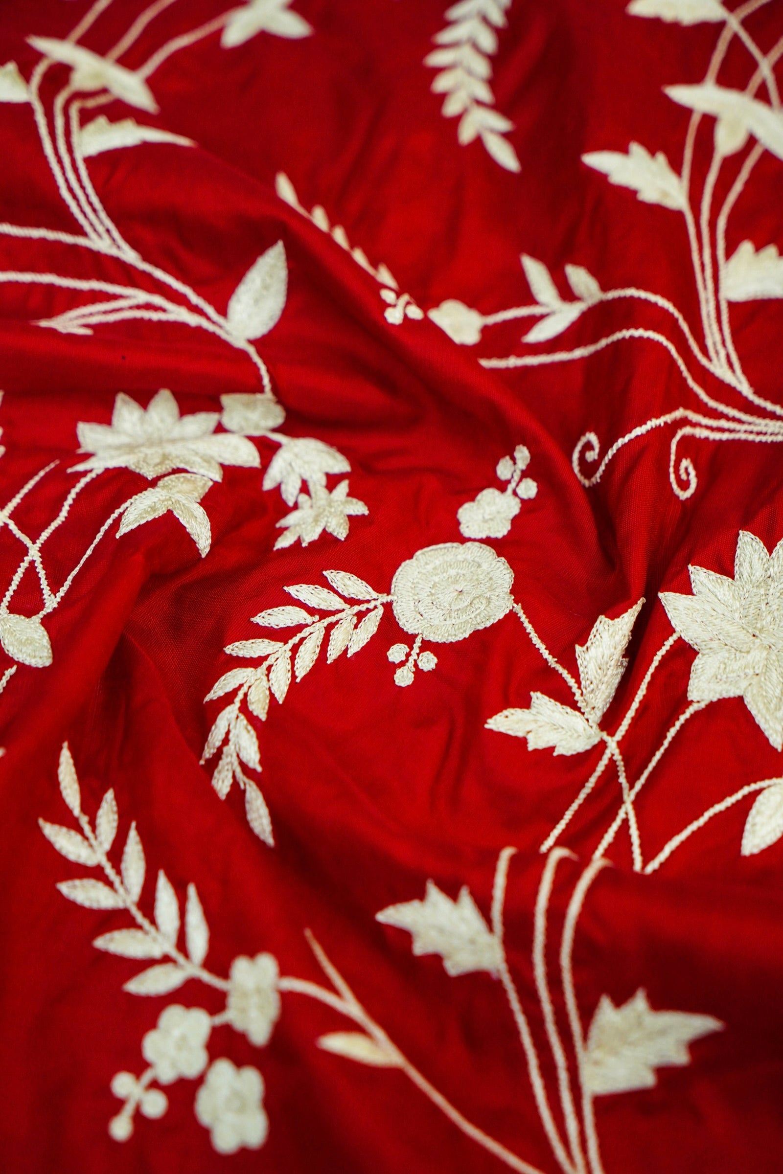 Red Handloom Banarasi Katan Silk Saree with Parsi Embroidery