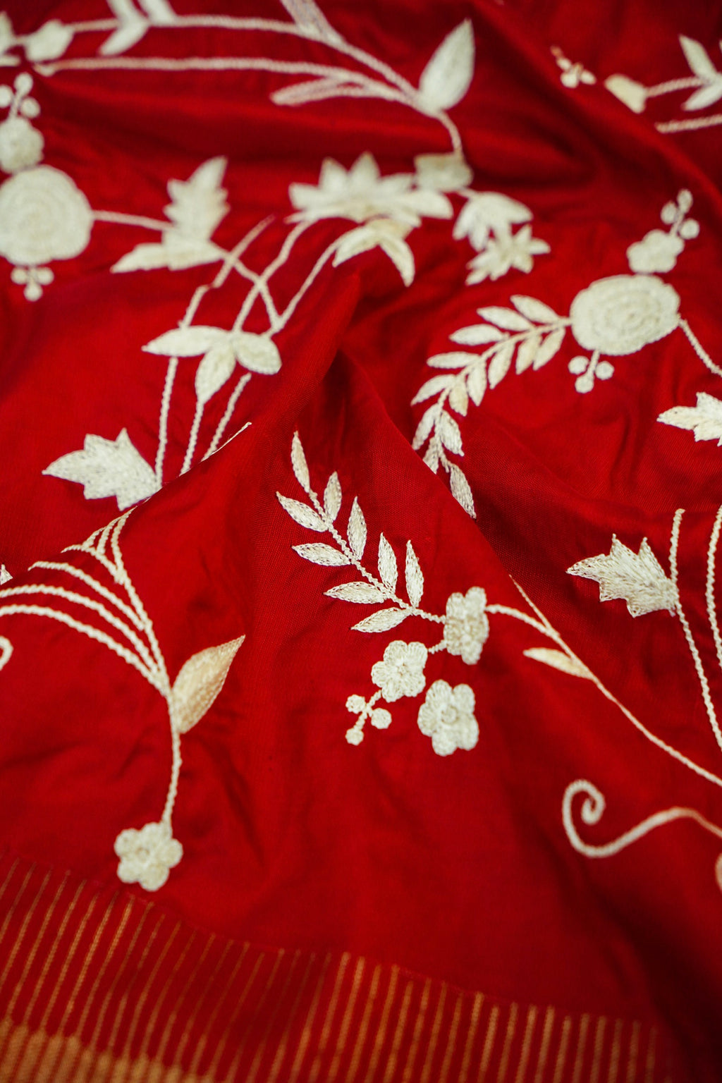 Red Handloom Banarasi Katan Silk Saree with Parsi Embroidery