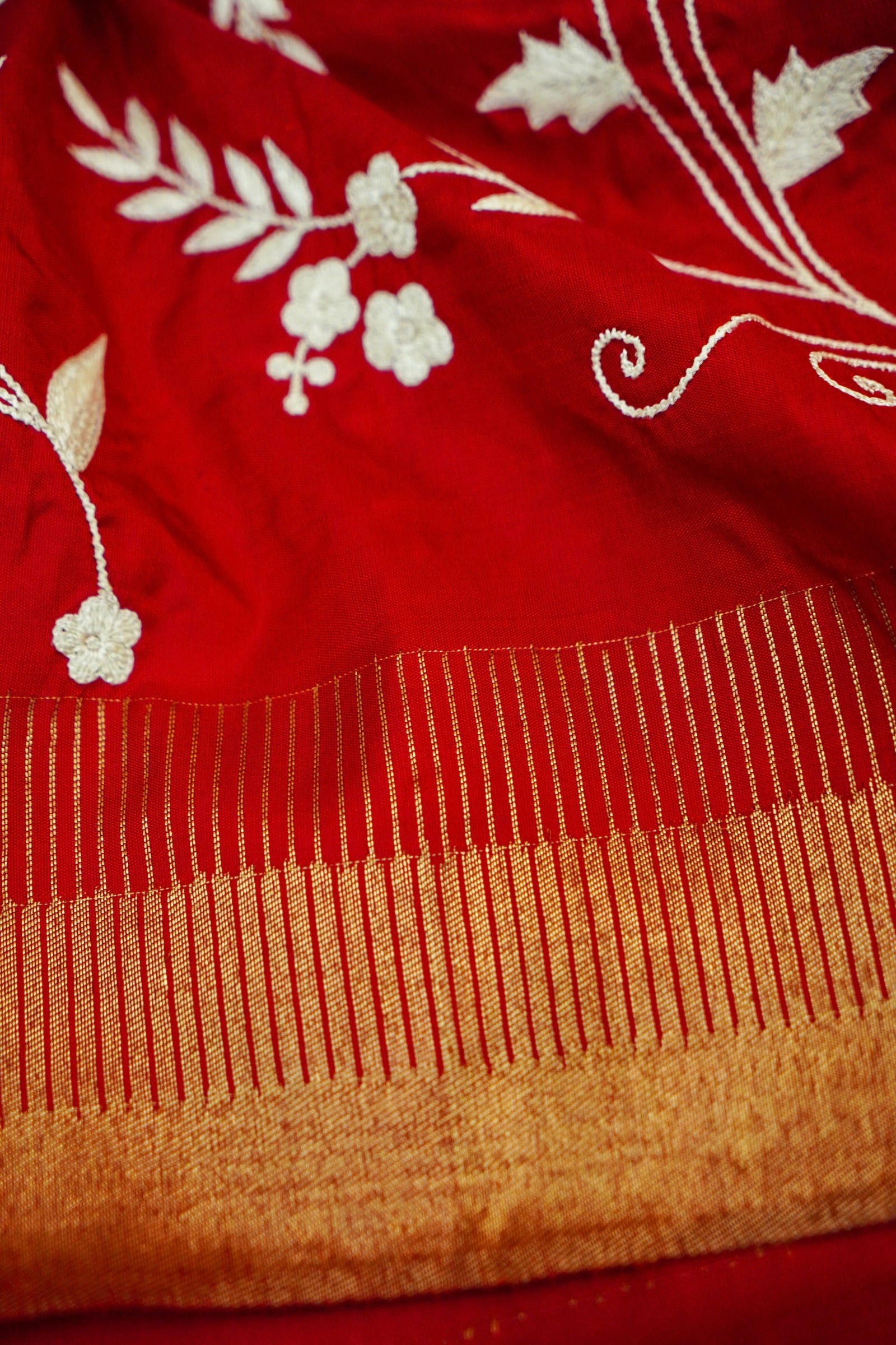 Red Handloom Banarasi Katan Silk Saree with Parsi Embroidery