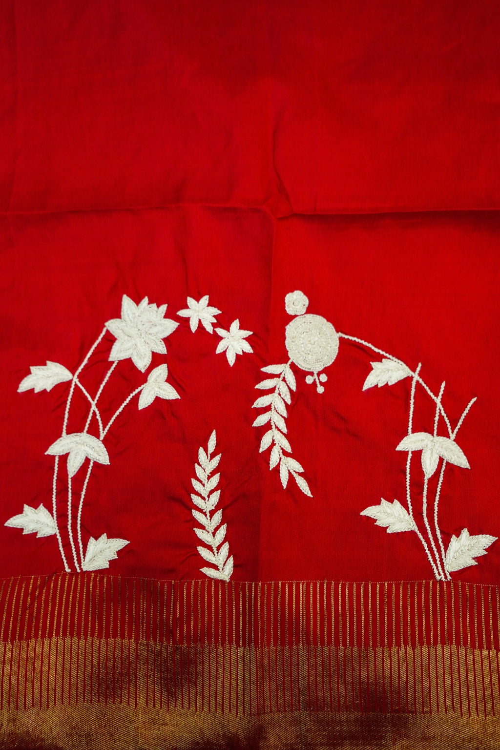 Red Handloom Banarasi Katan Silk Saree with Parsi Embroidery