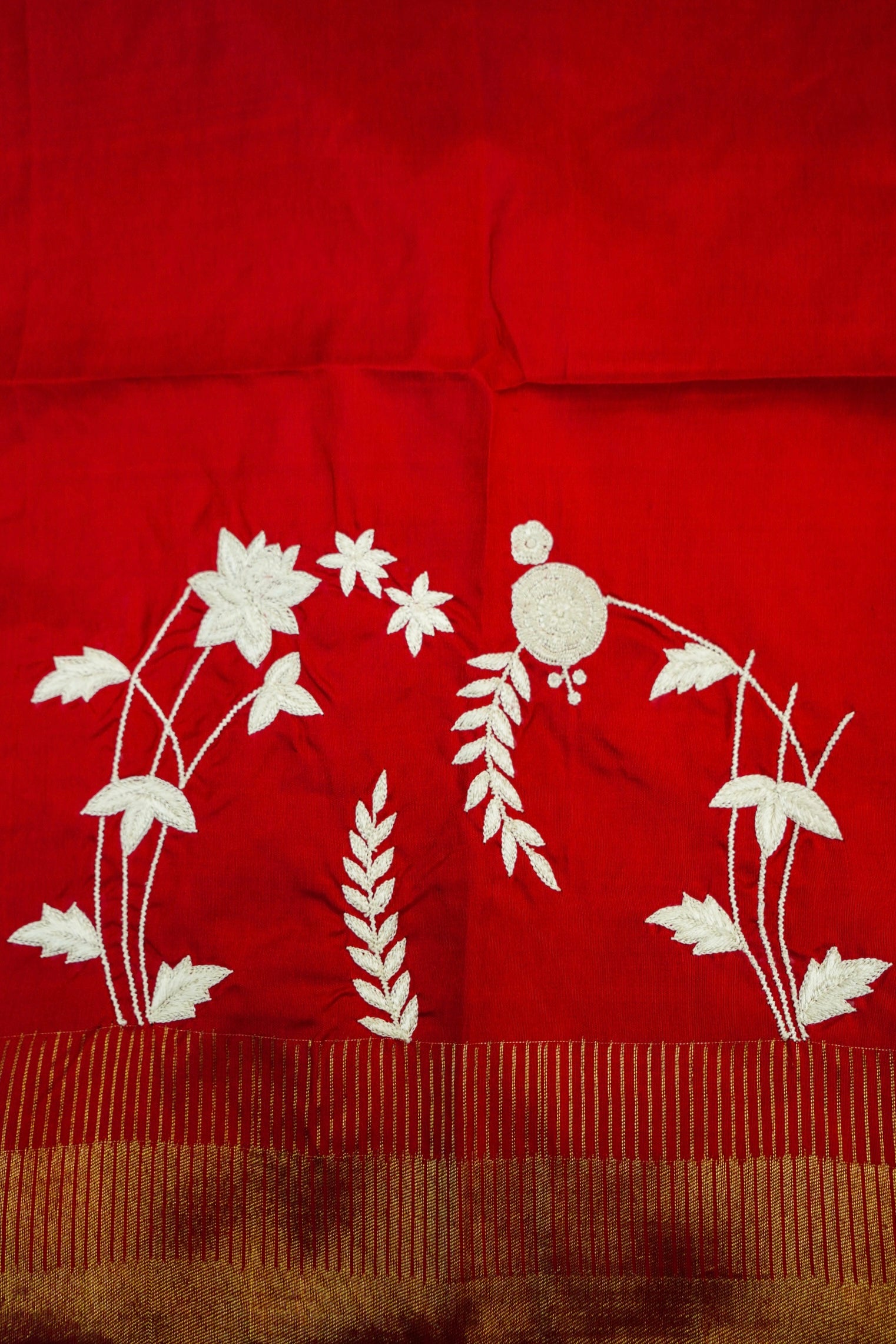 Red Handloom Banarasi Katan Silk Saree with Parsi Embroidery